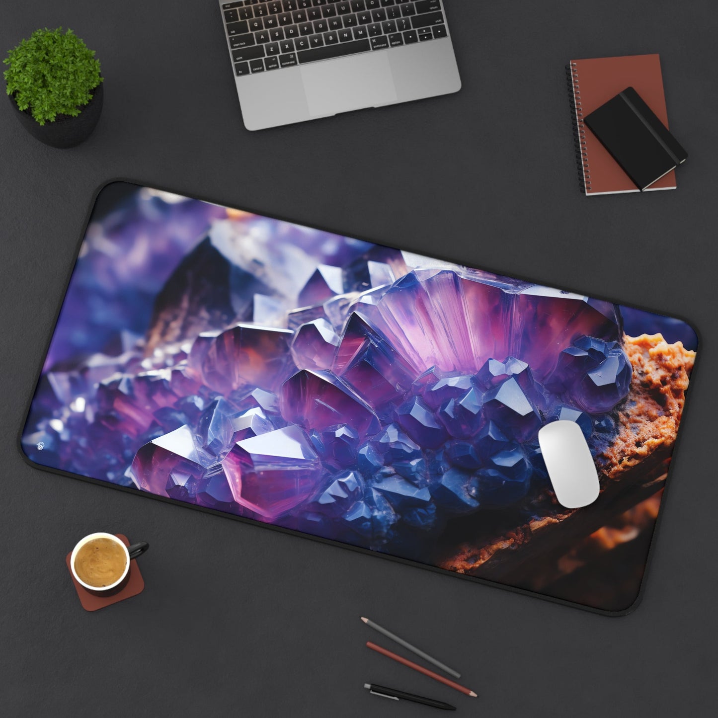 Vibrant Purple Geode Pattern xxl mouse pad of size 15 by 31 inches displayed on a desk