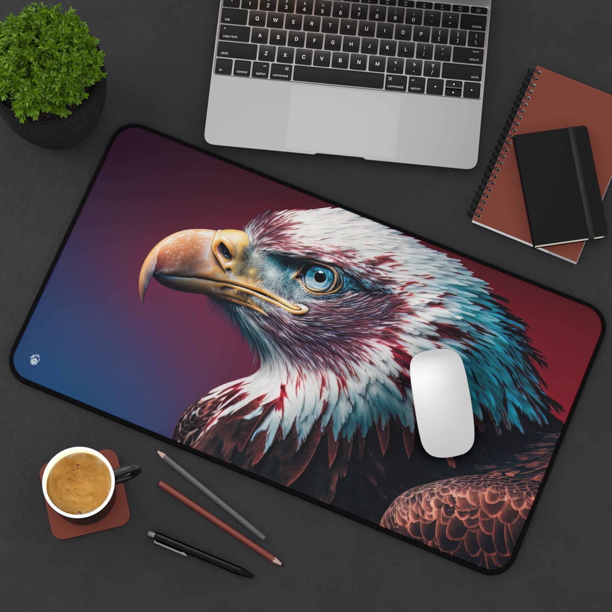 Majestic Bald Eagle Visual xxl mouse pad of size 12 by 22 inches displayed on a desk