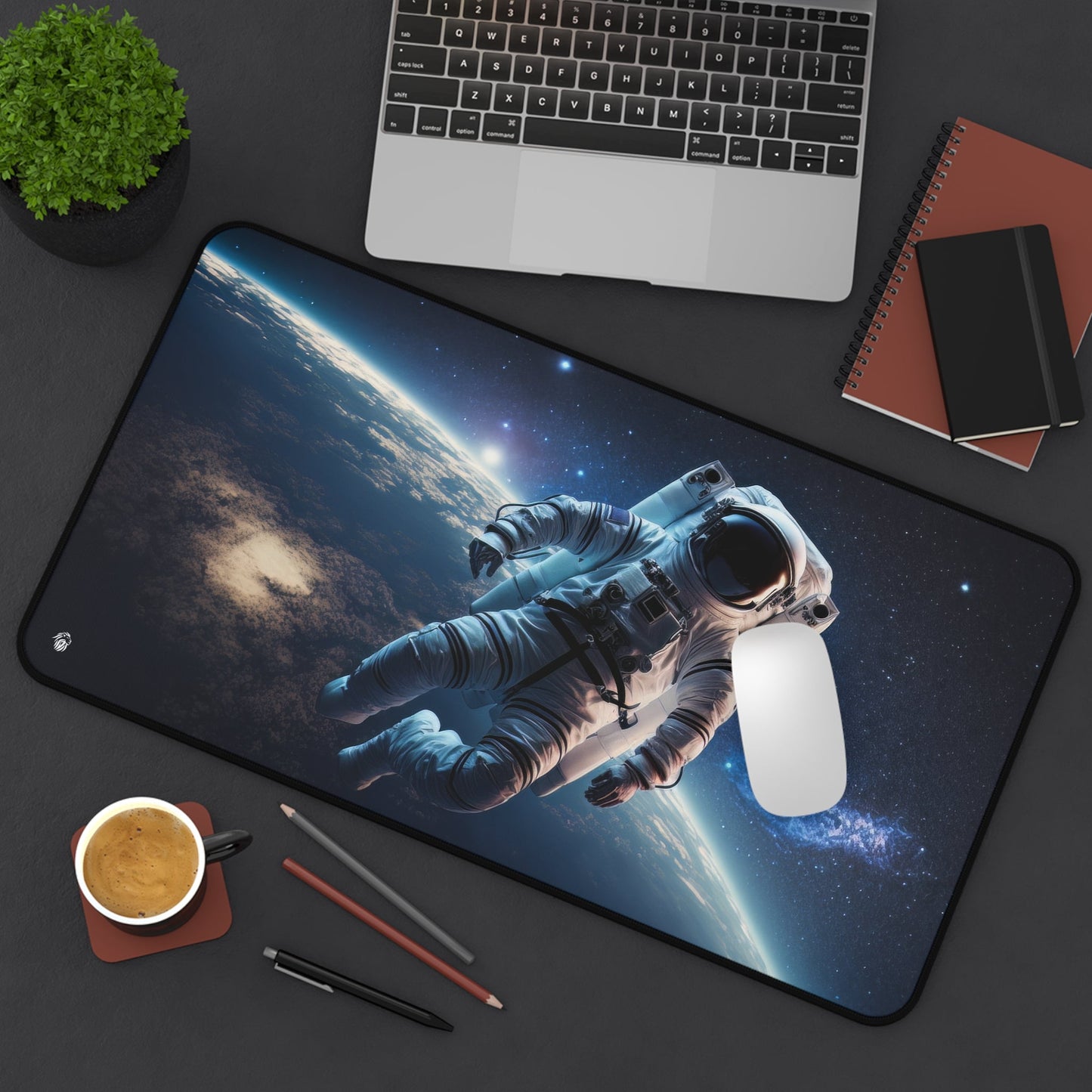 Starry Sky Astronaut Exploration xxl mouse pad of size 12 by 22 inches displayed on a desk