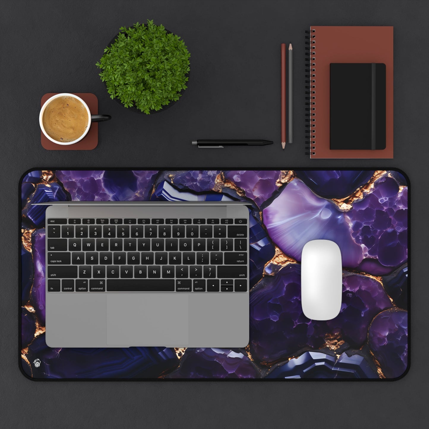 Purple Geode Pattern xxl mouse pad of size 12 by 22 inches displayed on a desk