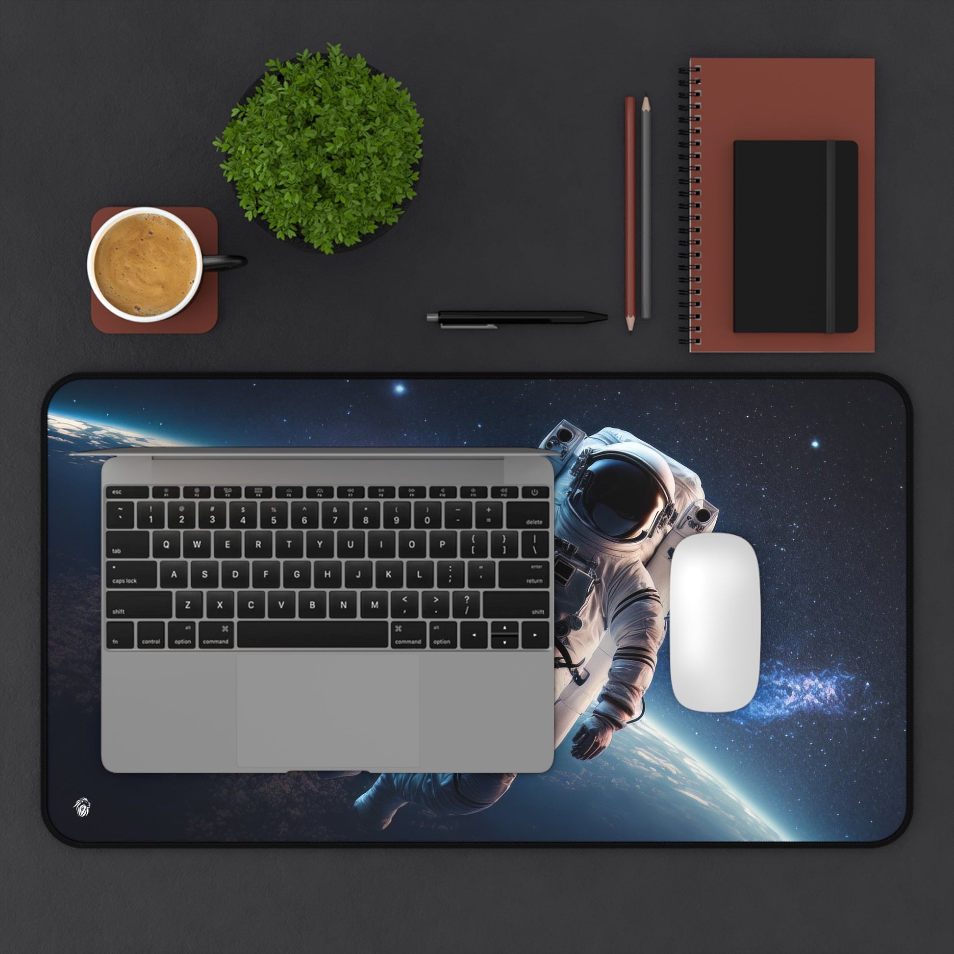 Starry Sky Astronaut Exploration xxl mouse pad of size 12 by 22 inches displayed on a desk