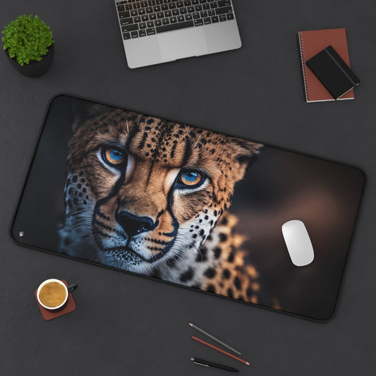 Exotic Cheetah Portrait xxl mouse pad of size 15 by 31 inches displayed on a desk