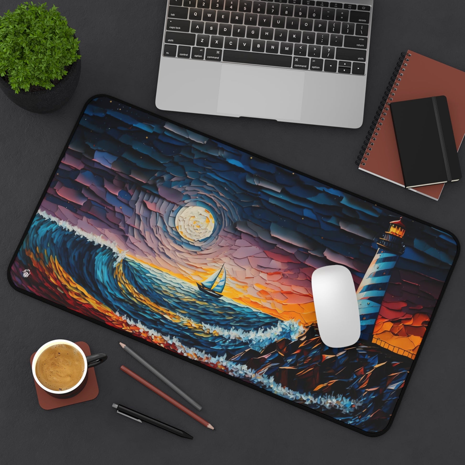 Sunset Lighthouse Illustration xxl mouse pad of size 12 by 22 inches displayed on a desk