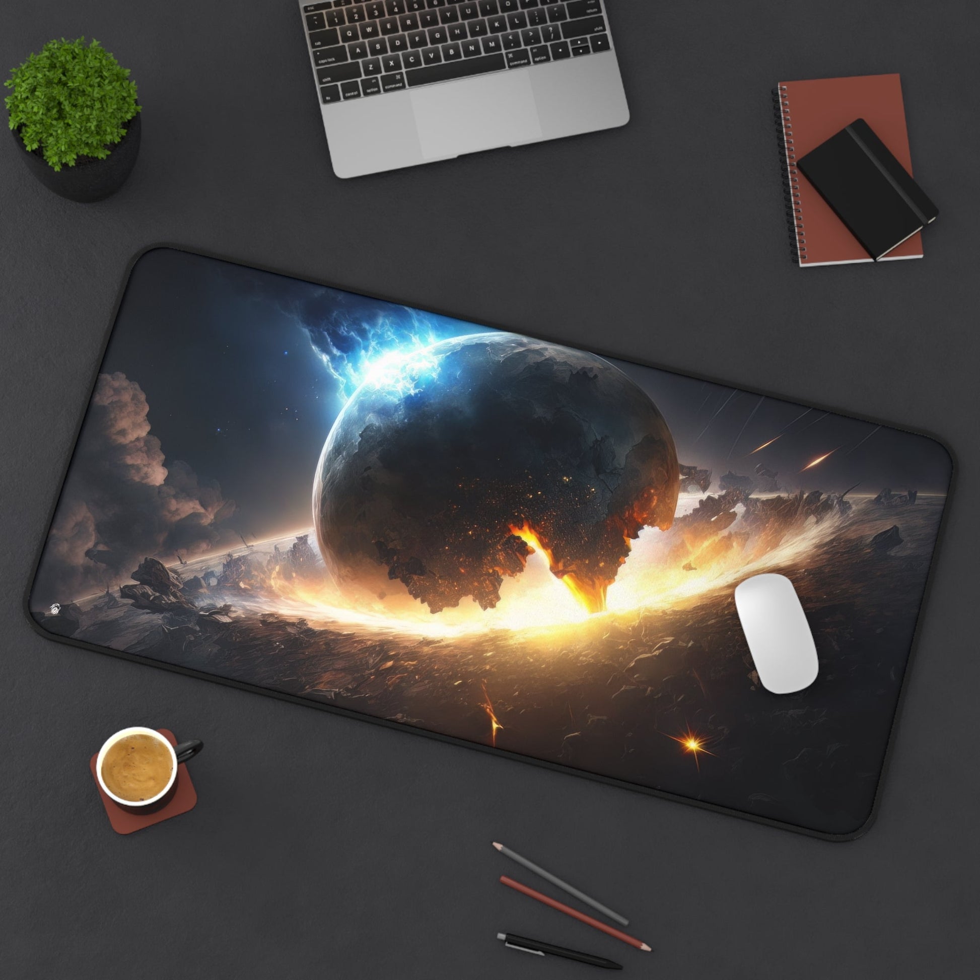 Cosmic Explosion, Starry Sky xxl mouse pad of size 15 by 31 inches displayed on a desk