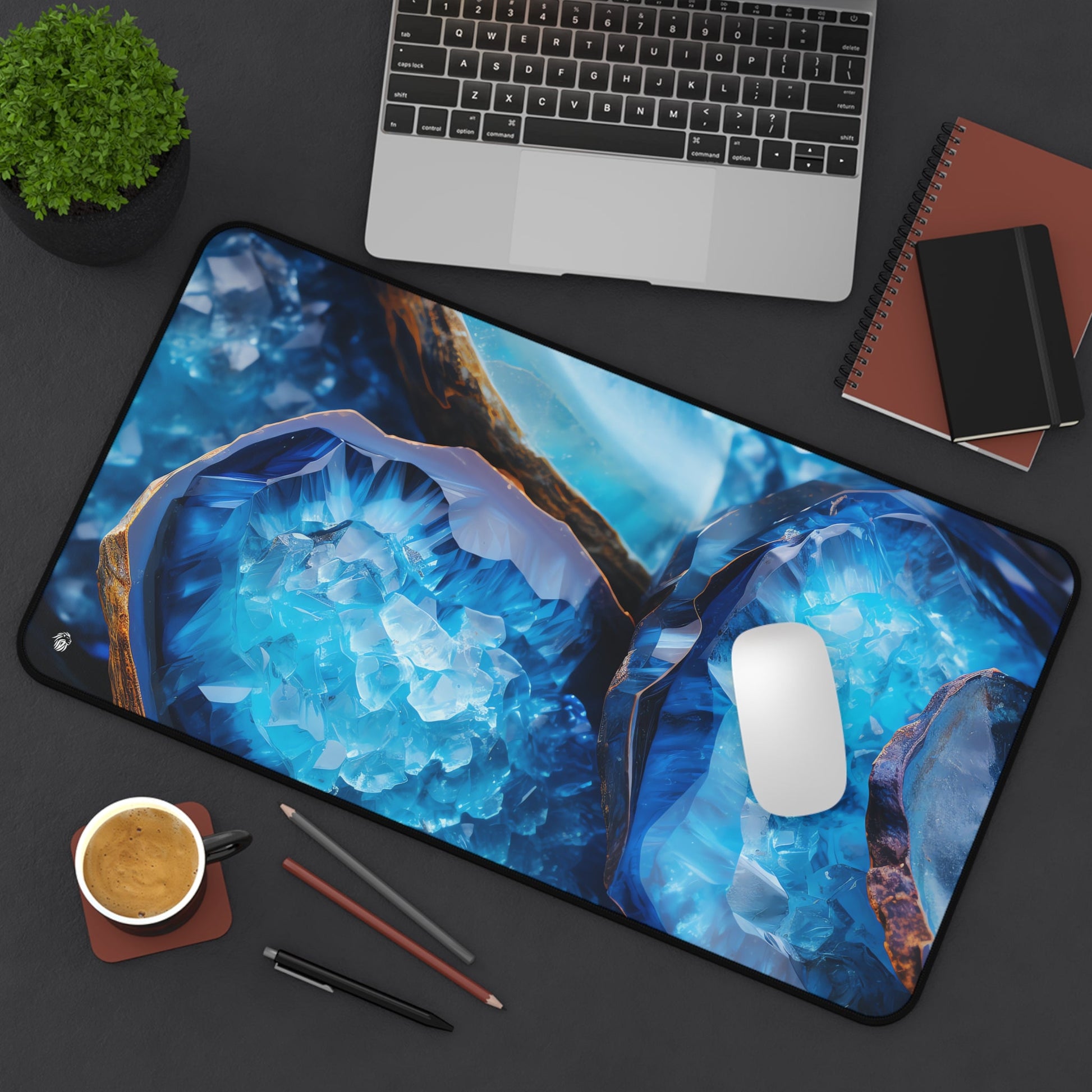 Vibrant Blue Geode Pattern xxl mouse pad of size 12 by 22 inches displayed on a desk