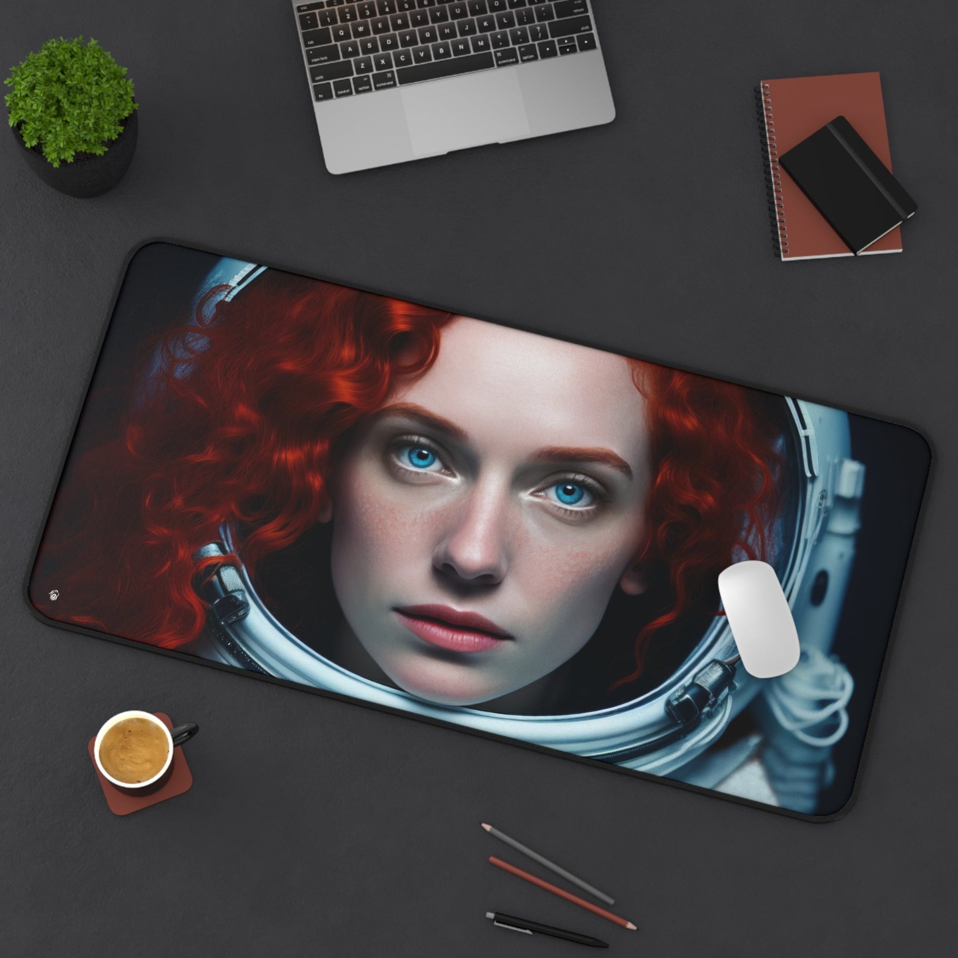 Galactic Woman Astronaut Imagery xxl mouse pad of size 15 by 31 inches displayed on a desk