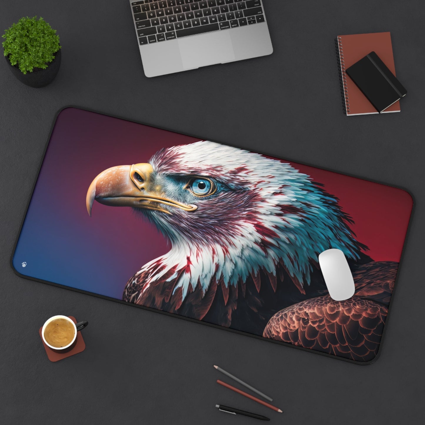 Majestic Bald Eagle Visual xxl mouse pad of size 15 by 31 inches displayed on a desk