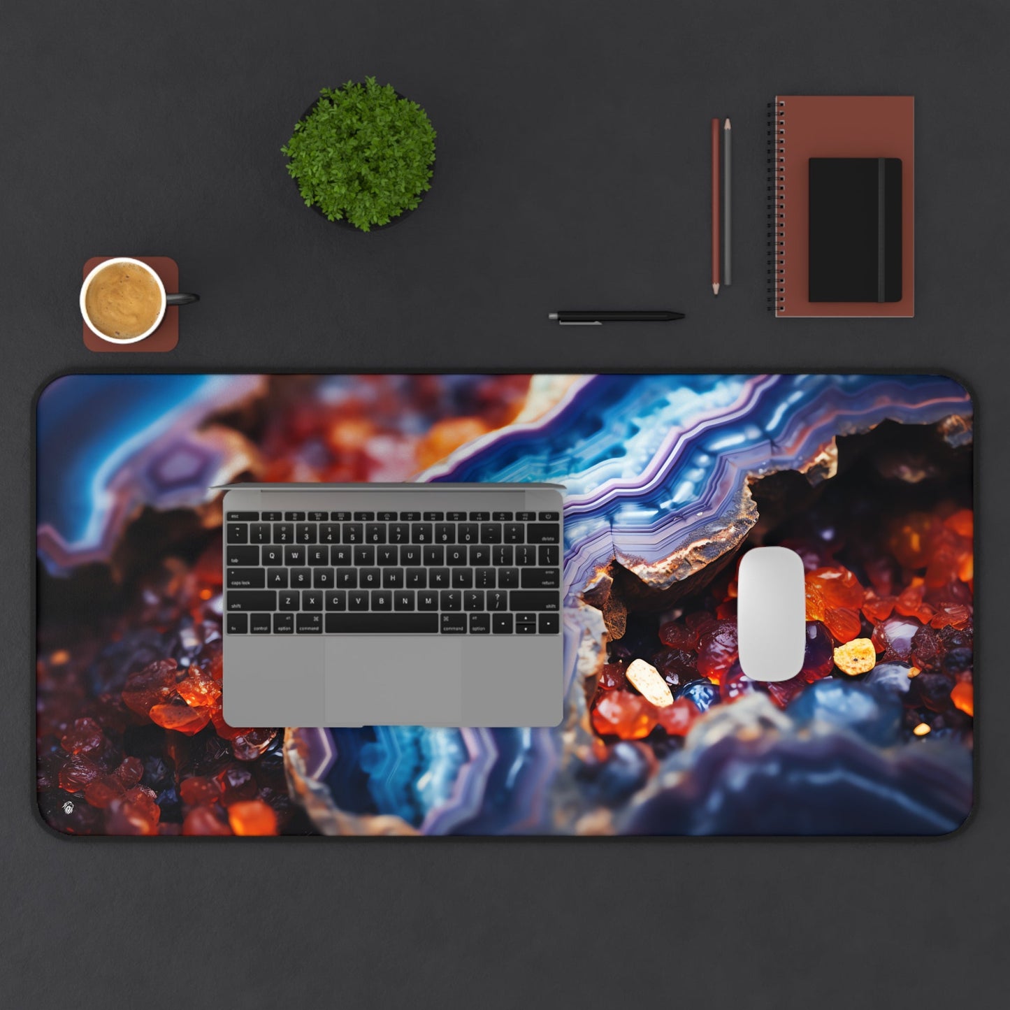 Vibrant, Geode-patterned, Multicolored xxl mouse pad of size 15 by 31 inches displayed on a desk