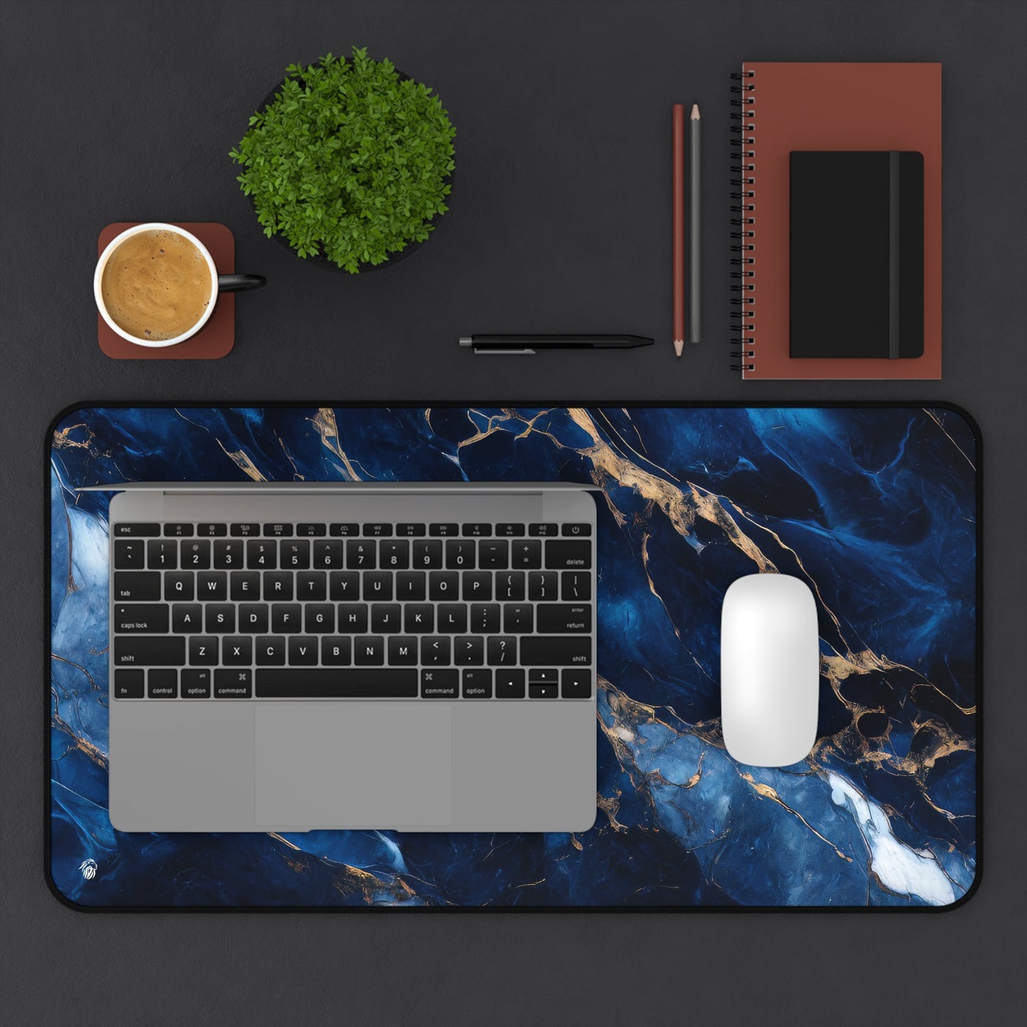 Blue, Marbled, Gold Accents xxl mouse pad of size 12 by 22 inches displayed on a desk