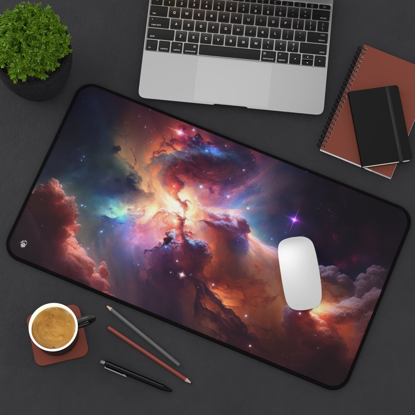 Galactic Nebula Imagery xxl mouse pad of size 12 by 22 inches displayed on a desk