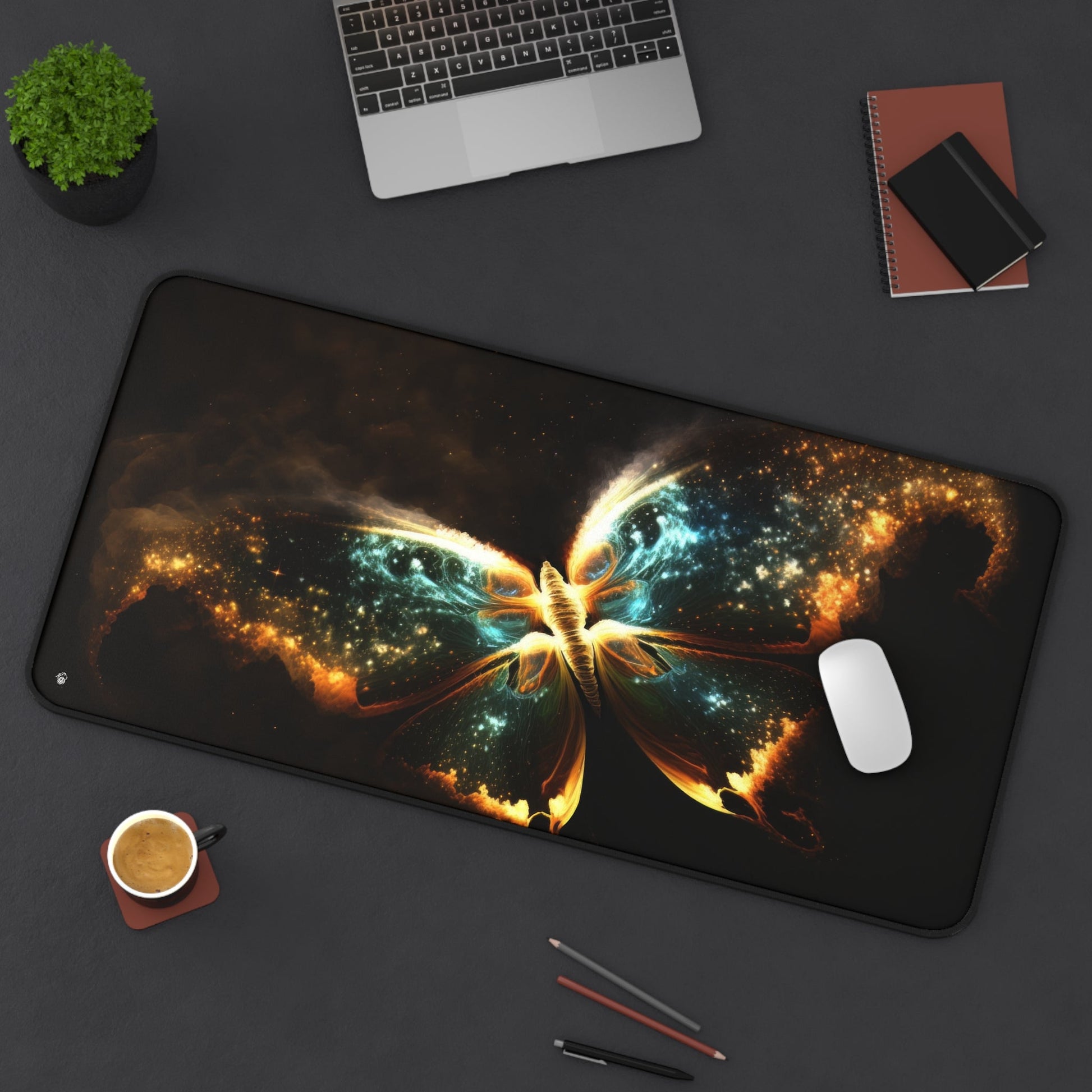 Galactic Butterfly Illustration xxl mouse pad of size 15 by 31 inches displayed on a desk