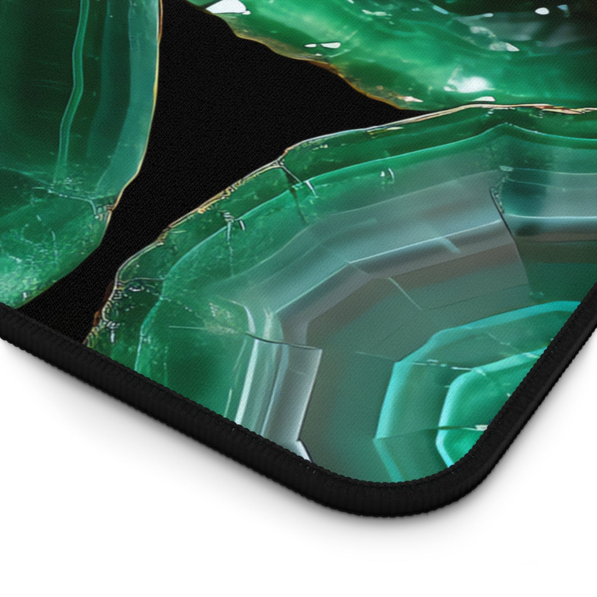 Deep Green, Emerald Crystal Geode xxl mouse pad of size 15 by 31 inches with a white background