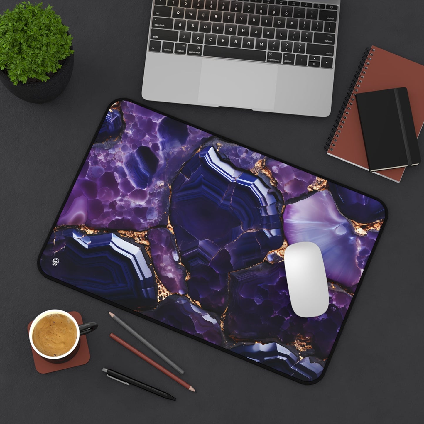 Purple Geode Pattern xxl mouse pad of size 12 by 18 inches displayed on a desk