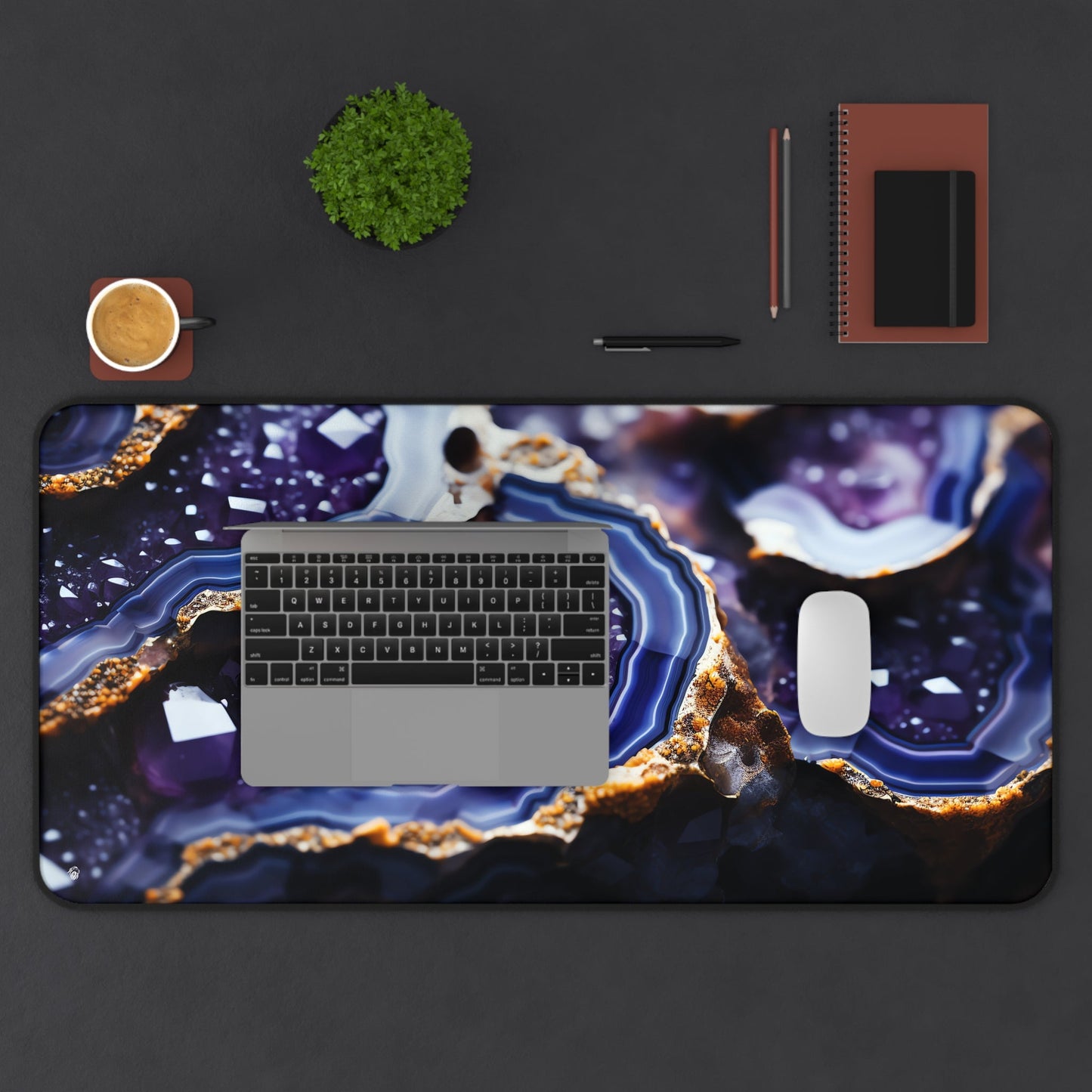 Vibrant Amethyst Patterns xxl mouse pad of size 15 by 31 inches displayed on a desk