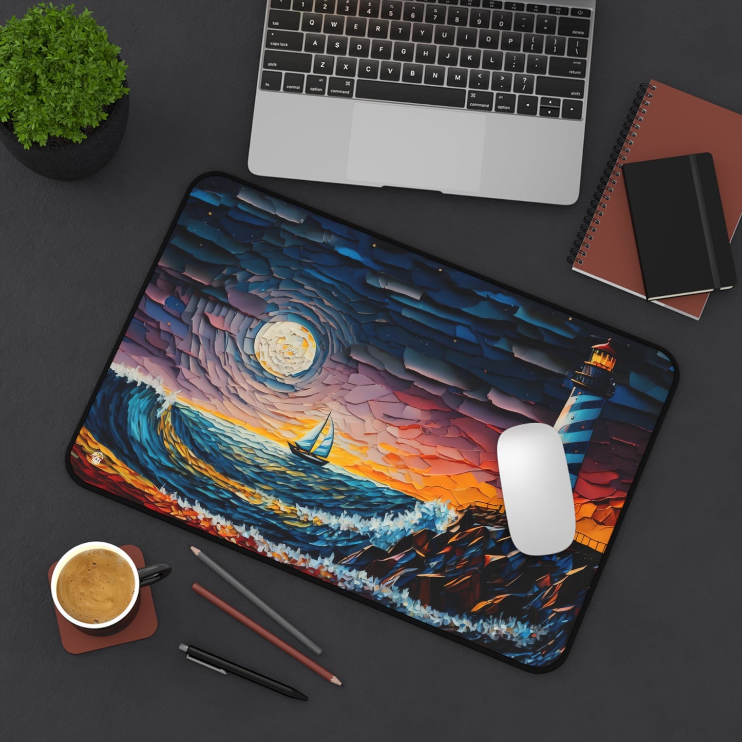 Sunset Lighthouse Illustration xxl mouse pad of size 12 by 18 inches displayed on a desk