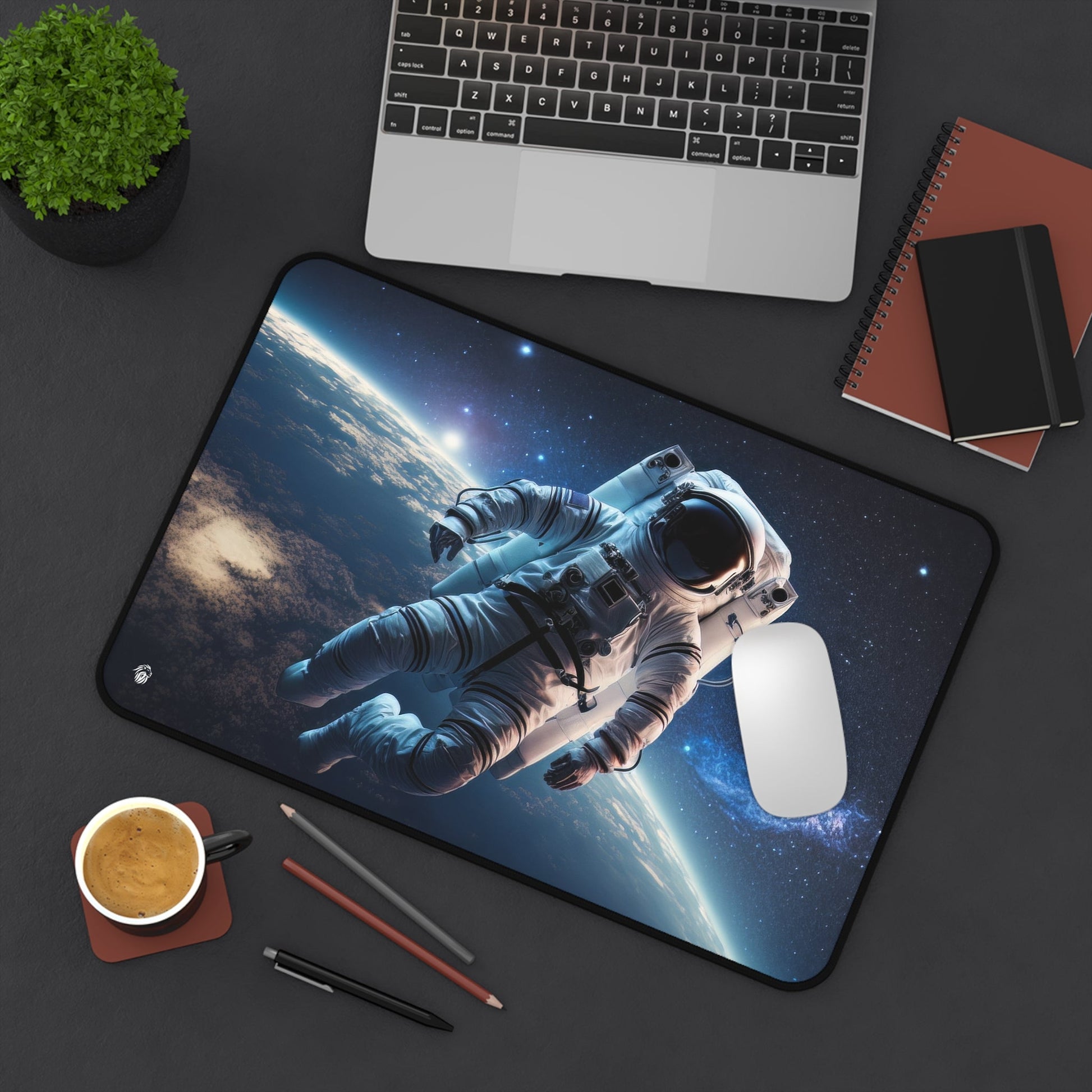 Starry Sky Astronaut Exploration xxl mouse pad of size 12 by 18 inches displayed on a desk