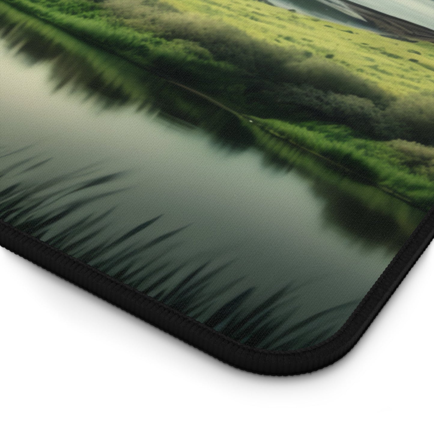 Close-up view of the front of the Verdant Hills Panoramic View xxl mouse pad