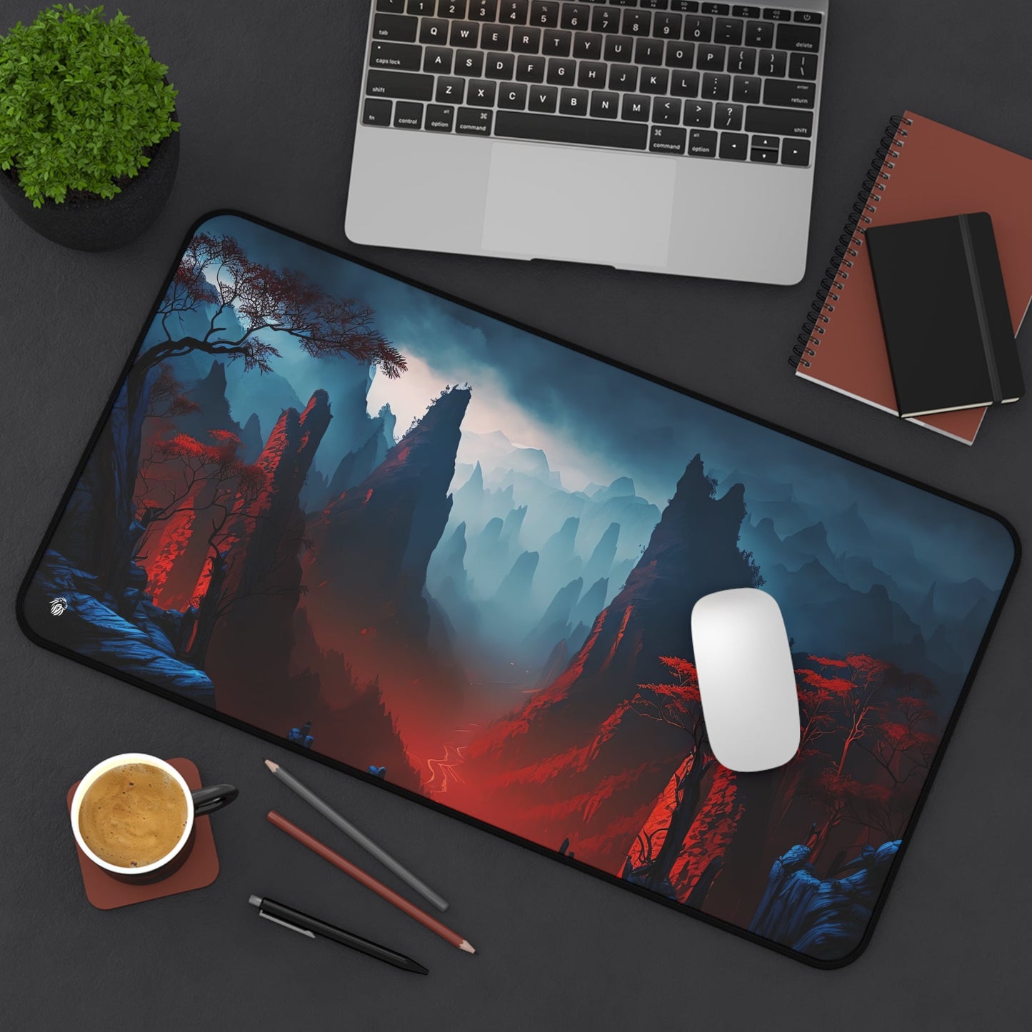 Majestic Mountainous Scenery xxl mouse pad of size 12 by 22 inches displayed on a desk