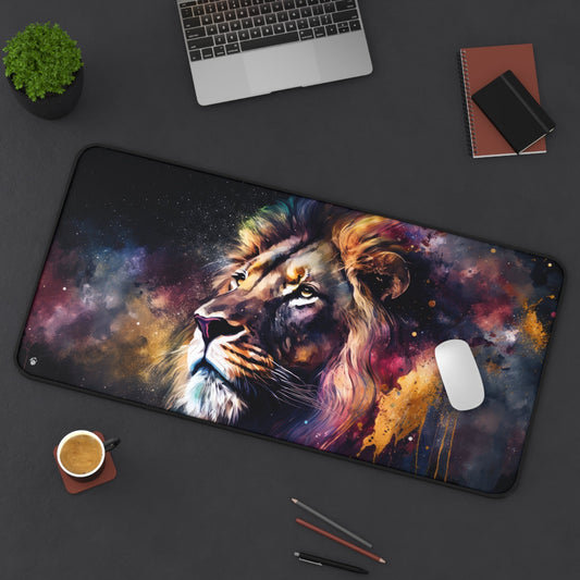 Vibrant Lion Watercolor Portrait xxl mouse pad of size 15 by 31 inches displayed on a desk