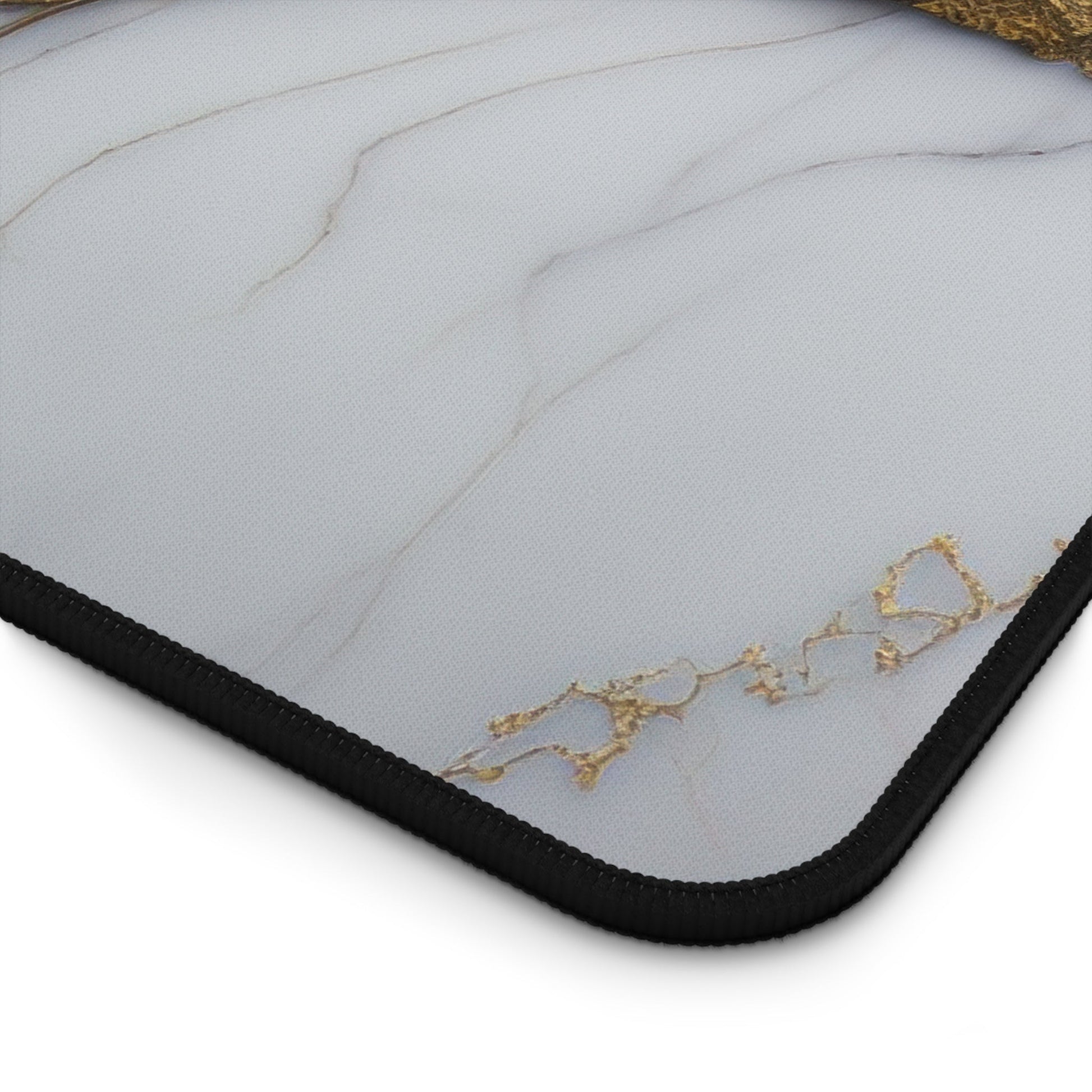 Close-up view of the front of the Purple Marble with Gold Accents xxl mouse pad