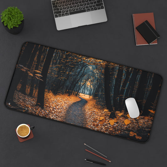 Mystical Autumnal Forest Scenery xxl mouse pad of size 15 by 31 inches displayed on a desk