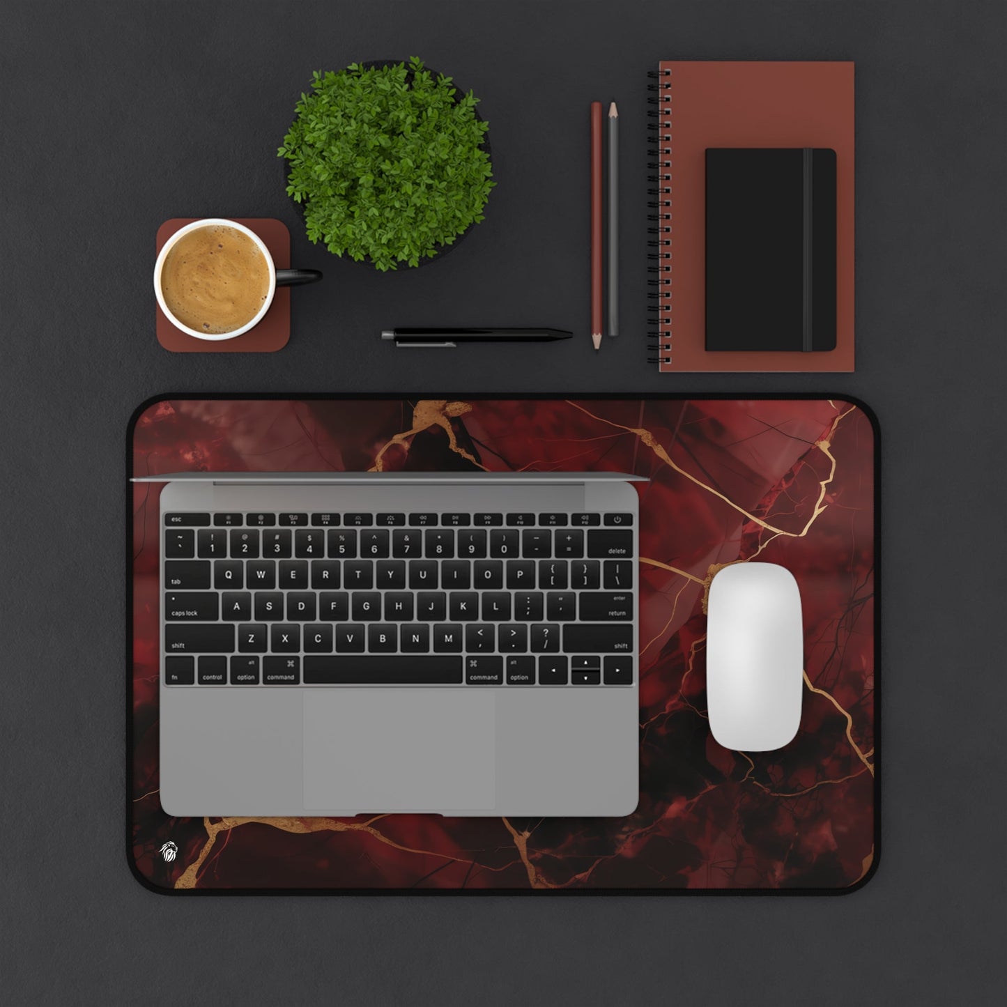 Rich Red, Marbled, Gold Detailing xxl mouse pad of size 12 by 18 inches displayed on a desk