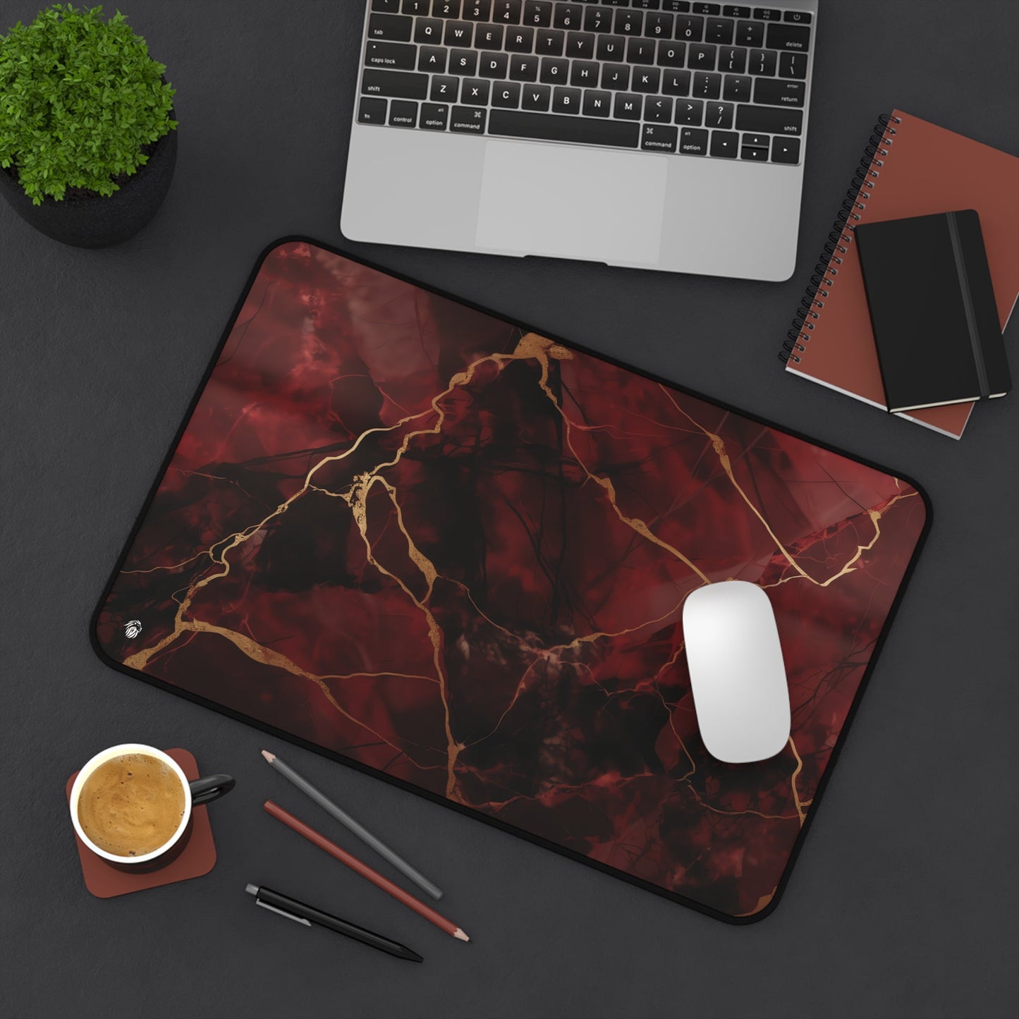 Rich Red, Marbled, Gold Detailing xxl mouse pad of size 12 by 18 inches displayed on a desk