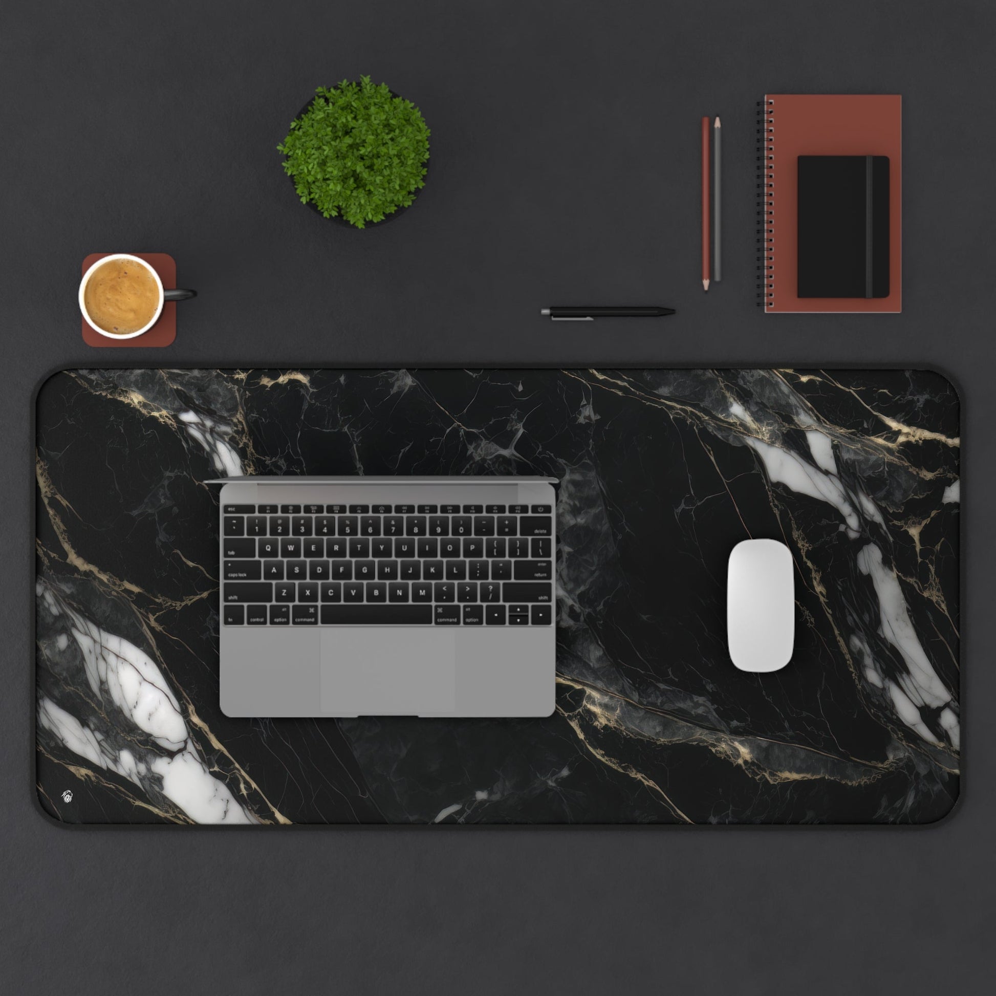 Sophisticated Black Marble Aesthetic xxl mouse pad of size 15 by 31 inches displayed on a desk