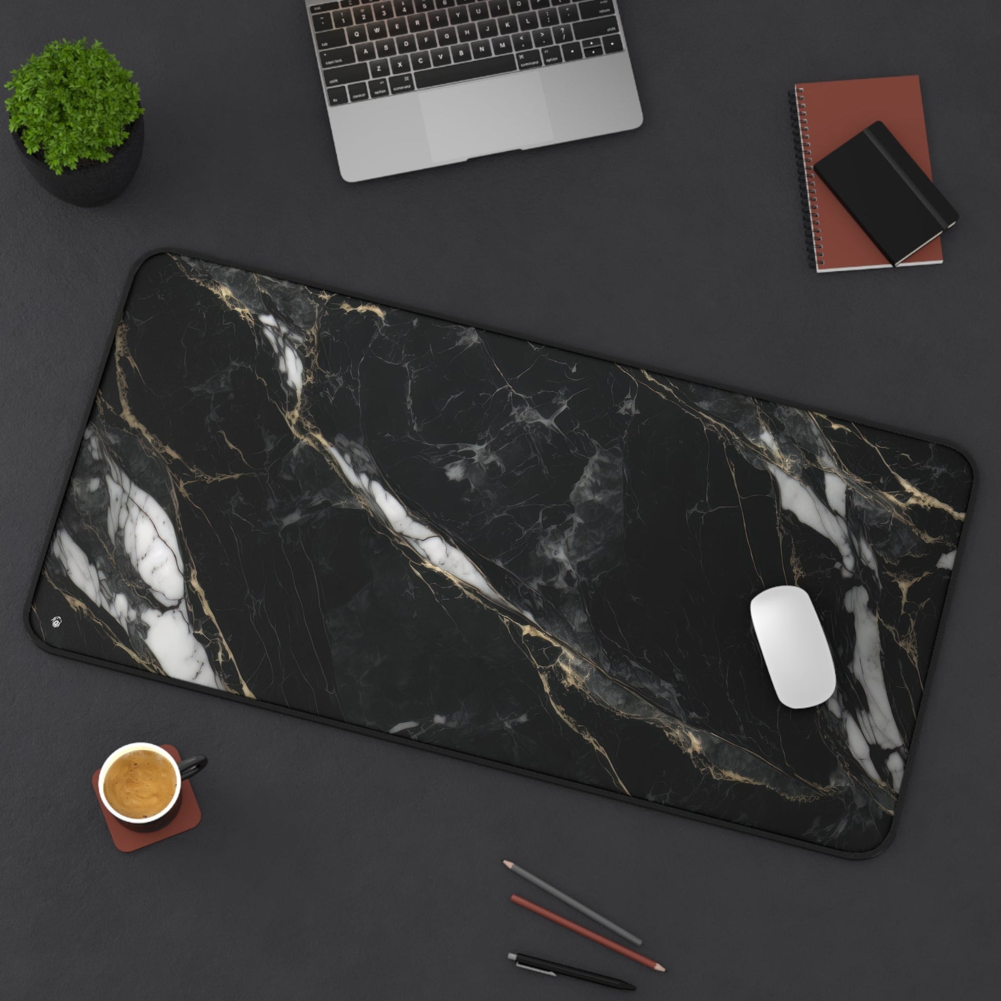 Sophisticated Black Marble Aesthetic xxl mouse pad of size 15 by 31 inches displayed on a desk