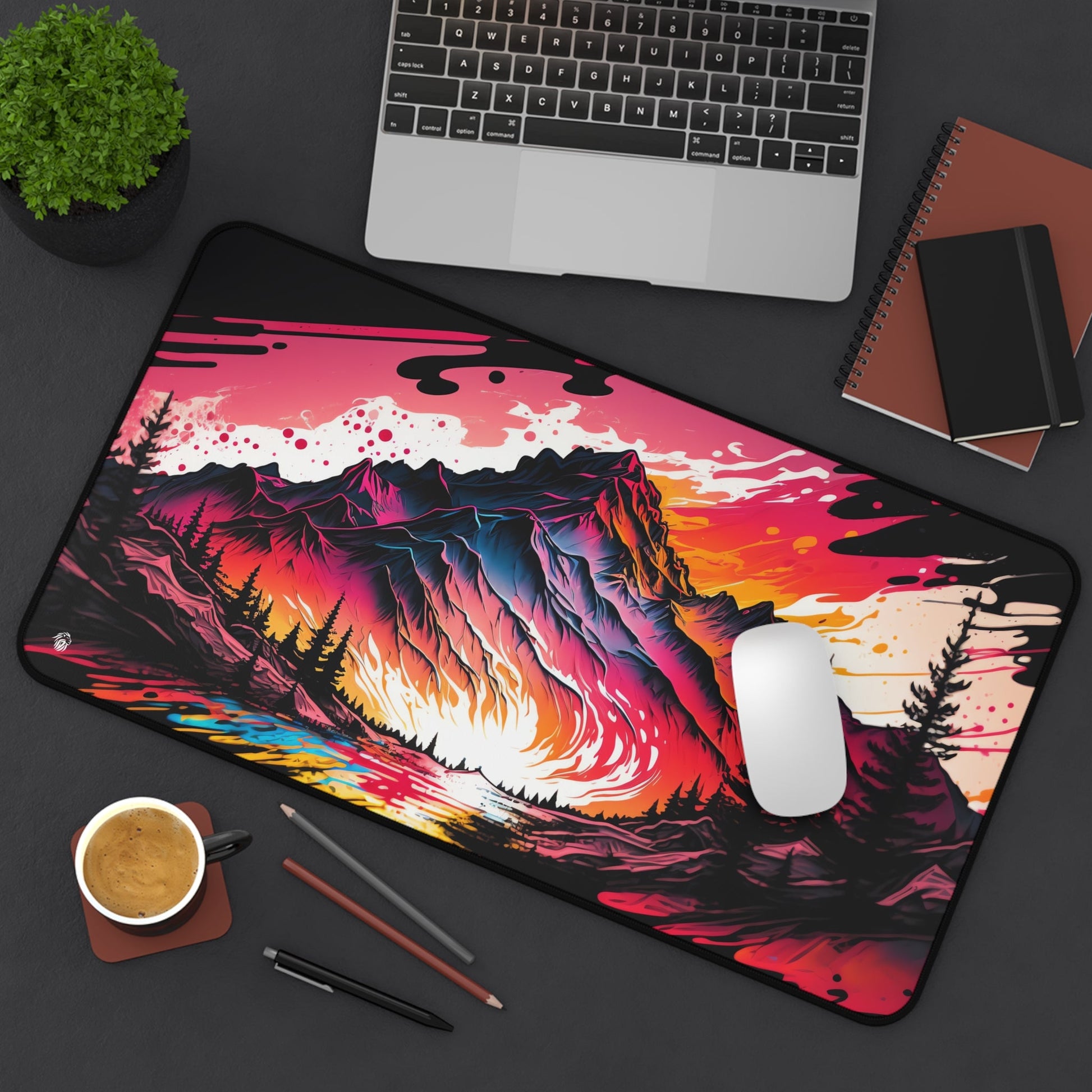 Pastel Alpine Mountain Scene xxl mouse pad of size 12 by 22 inches displayed on a desk