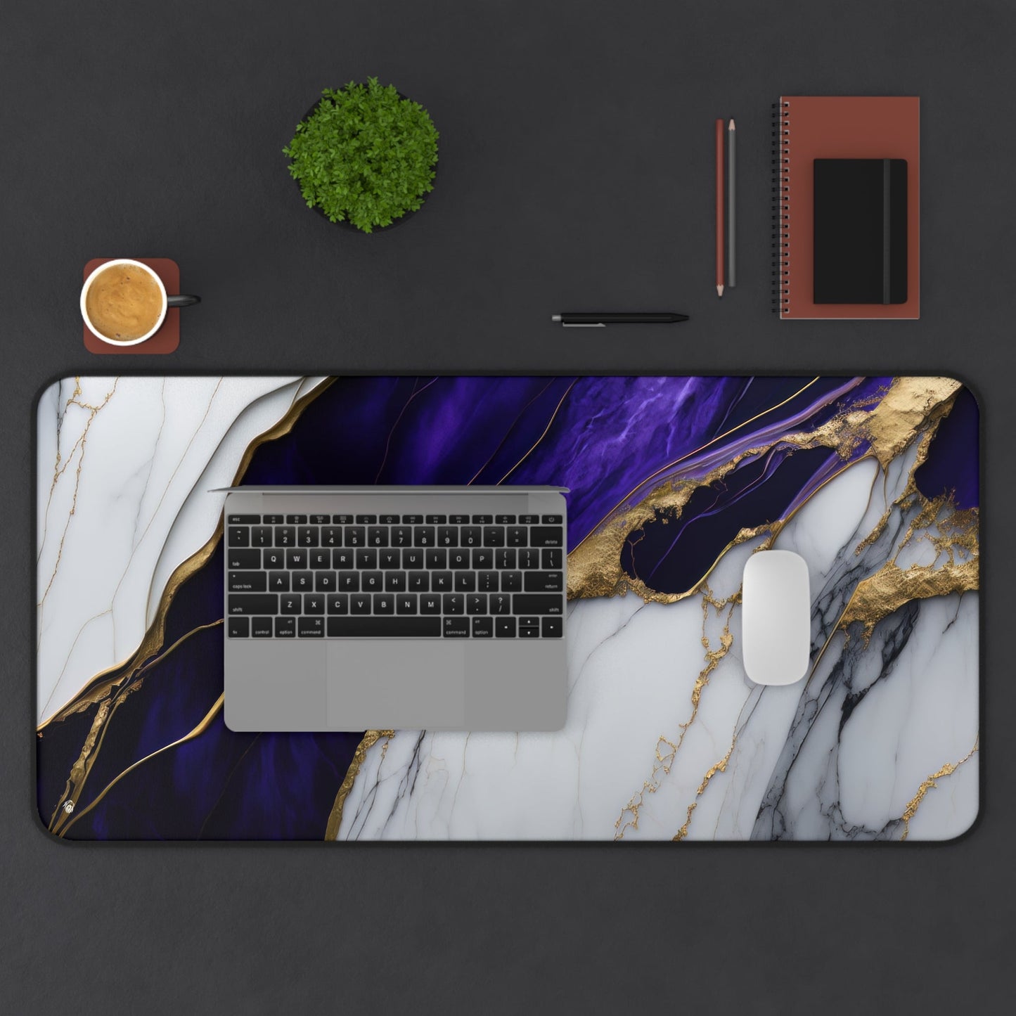 Purple Marble with Gold Accents xxl mouse pad of size 15 by 31 inches displayed on a desk