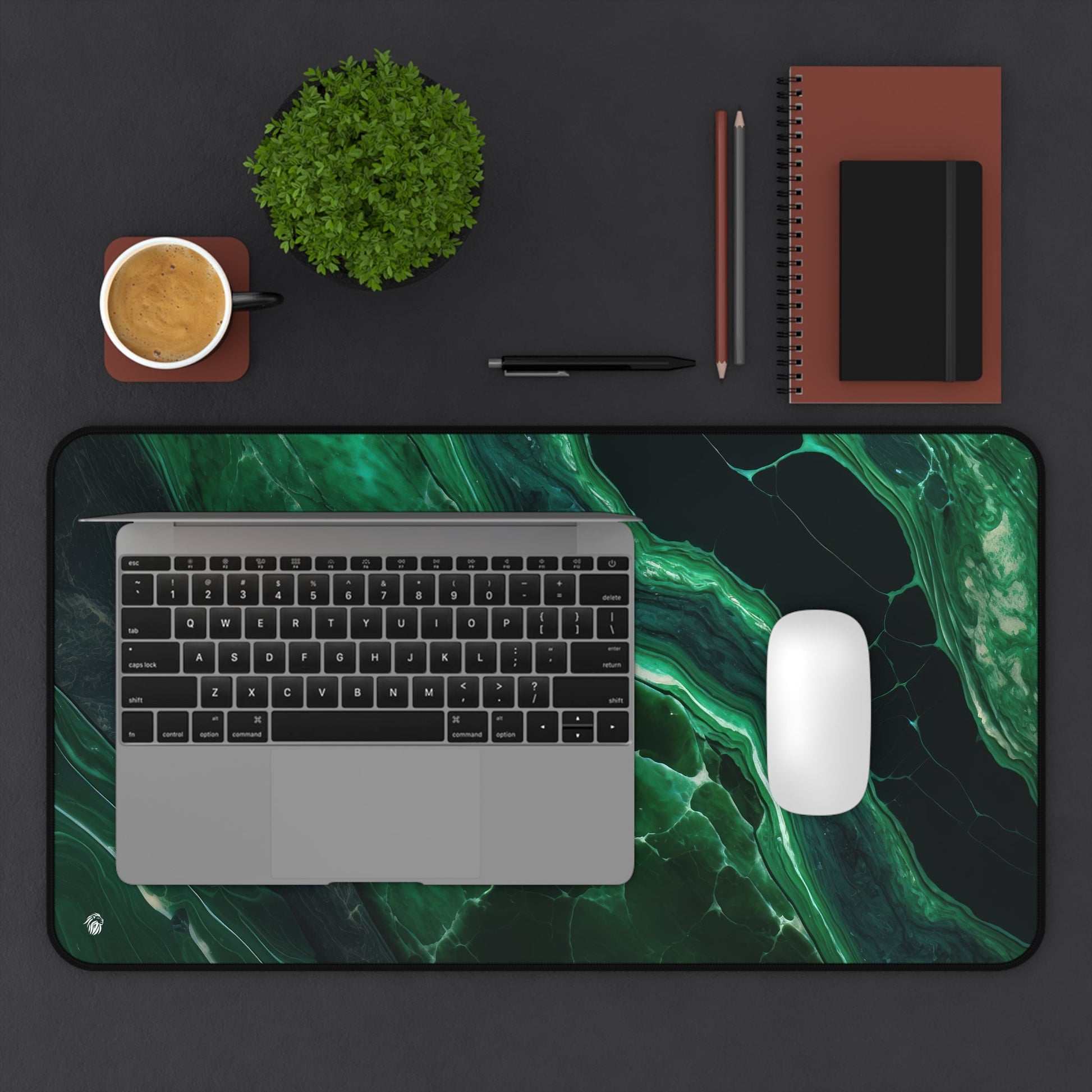 Elegant Emerald Green Marble xxl mouse pad of size 12 by 22 inches displayed on a desk