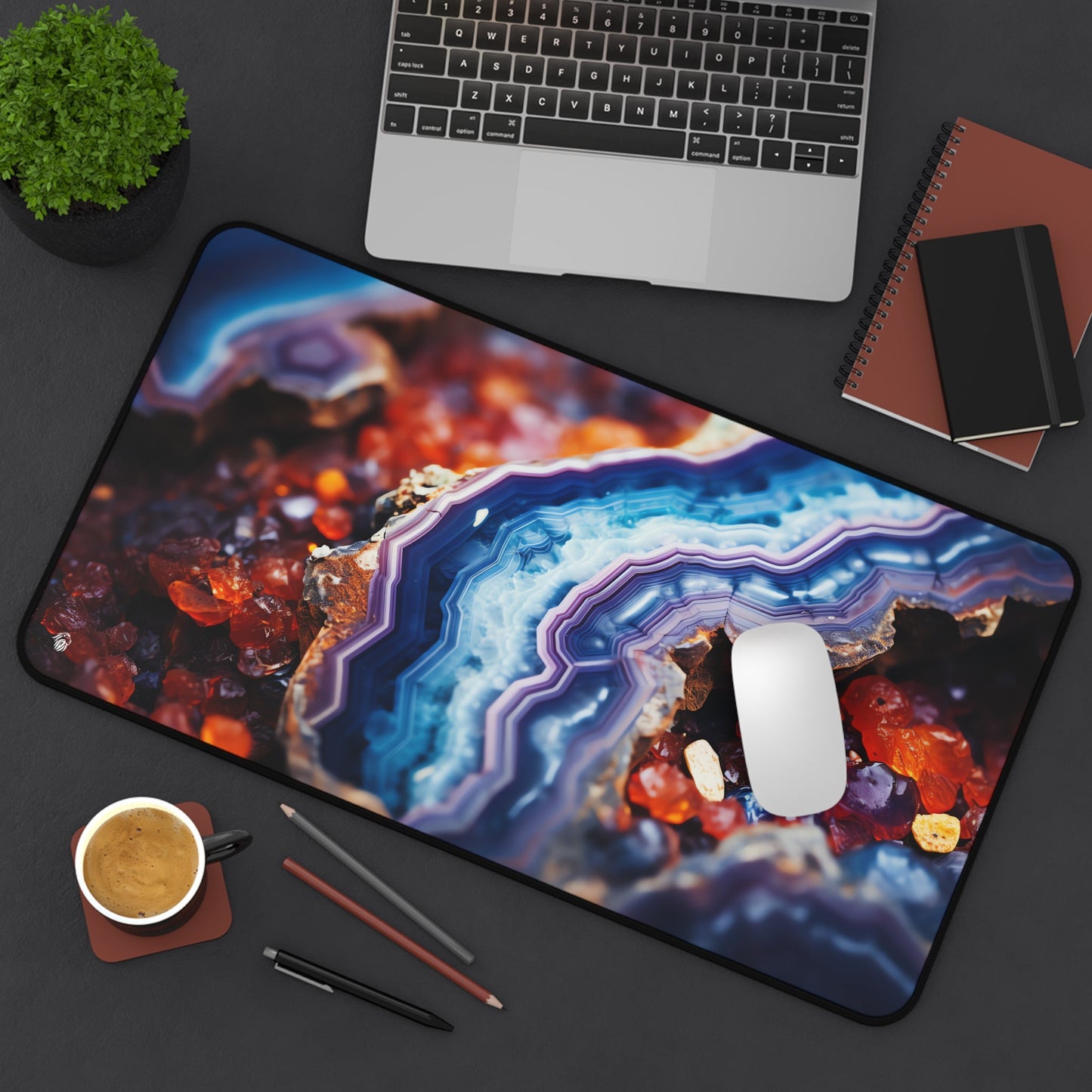 Vibrant, Geode-patterned, Multicolored xxl mouse pad of size 12 by 22 inches displayed on a desk