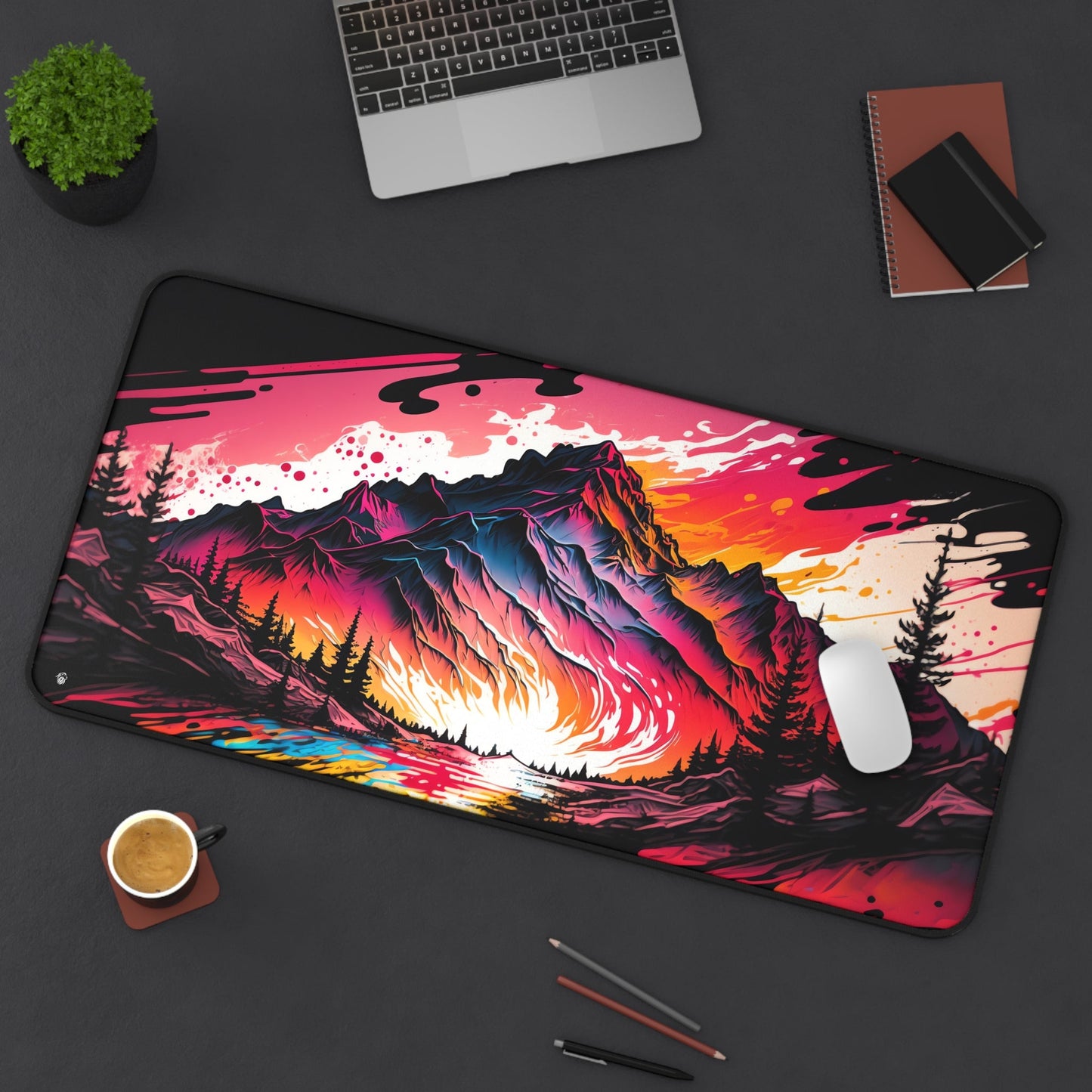 Pastel Alpine Mountain Scene xxl mouse pad of size 15 by 31 inches displayed on a desk