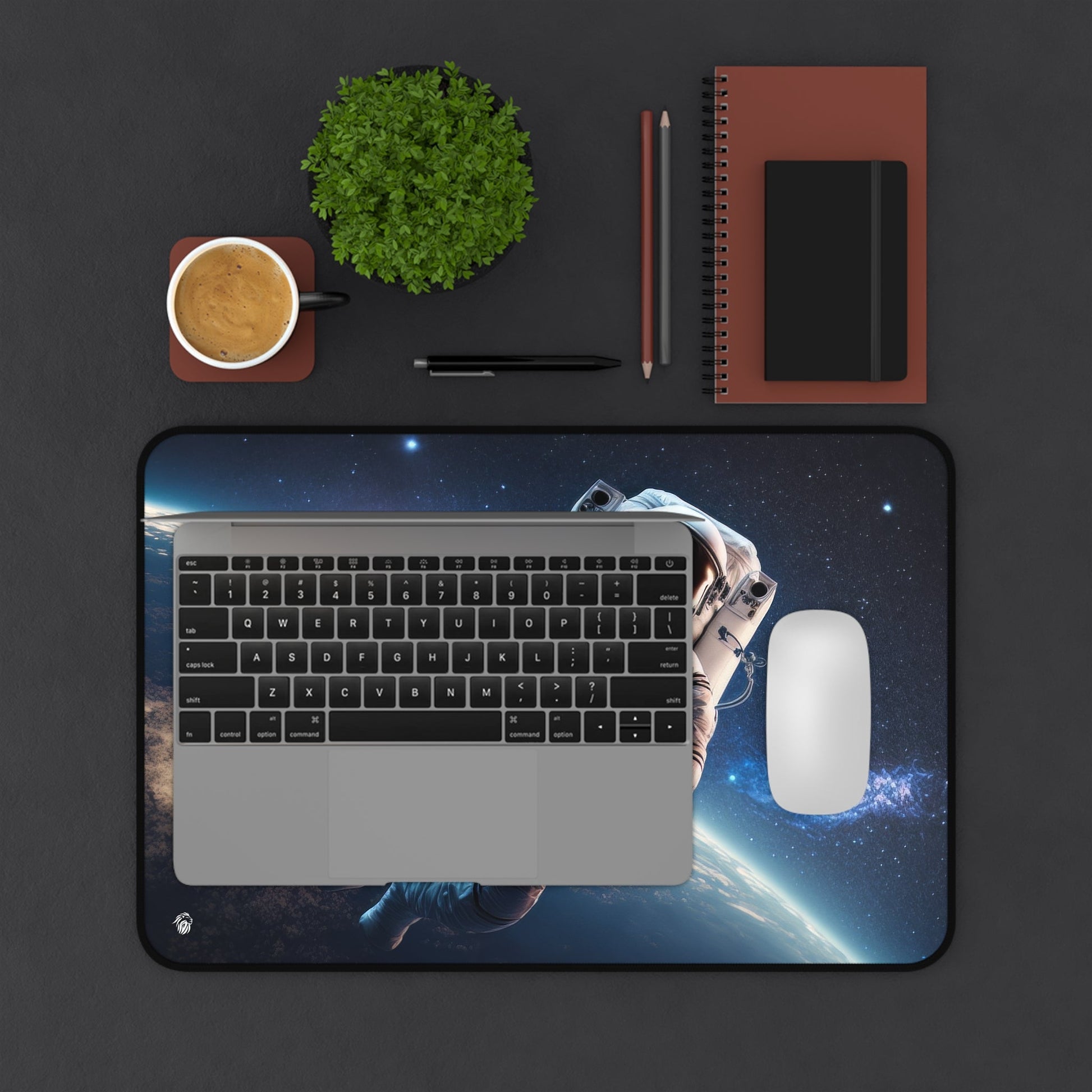 Starry Sky Astronaut Exploration xxl mouse pad of size 12 by 18 inches displayed on a desk