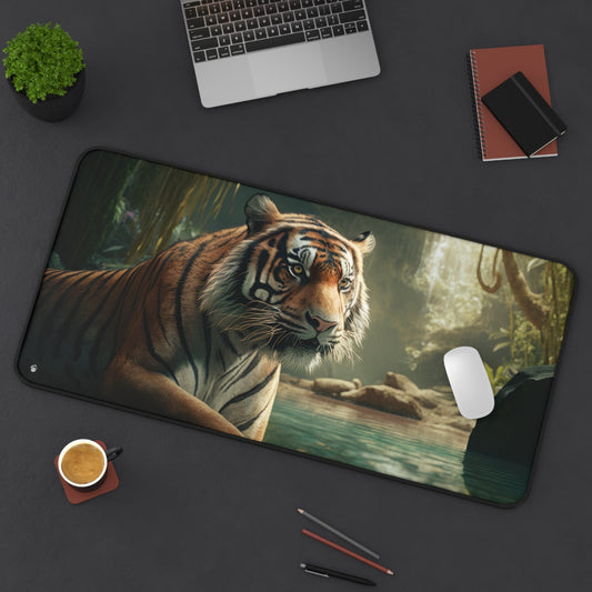 Vibrant Tiger Amidst Greenery xxl mouse pad of size 15 by 31 inches displayed on a desk