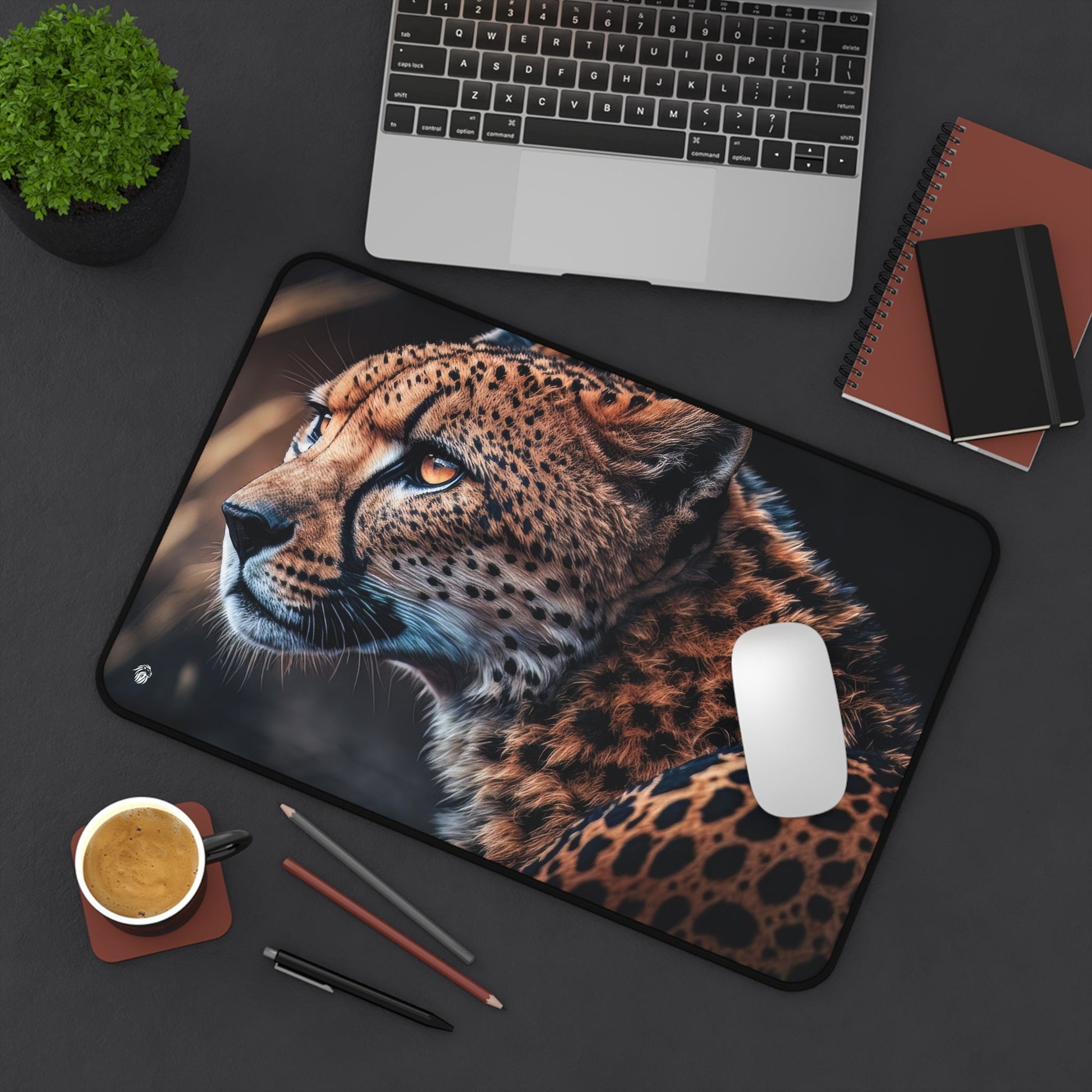 Exotic Cheetah Pattern xxl mouse pad of size 12 by 18 inches displayed on a desk