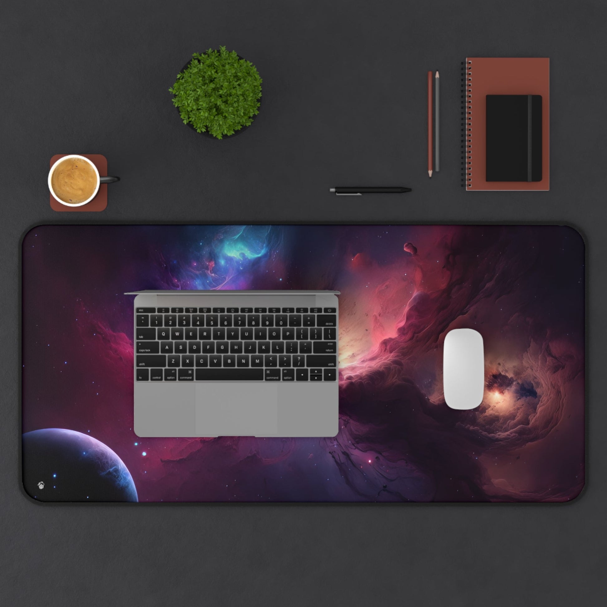 Vibrant Nebula Imagery xxl mouse pad of size 15 by 31 inches displayed on a desk