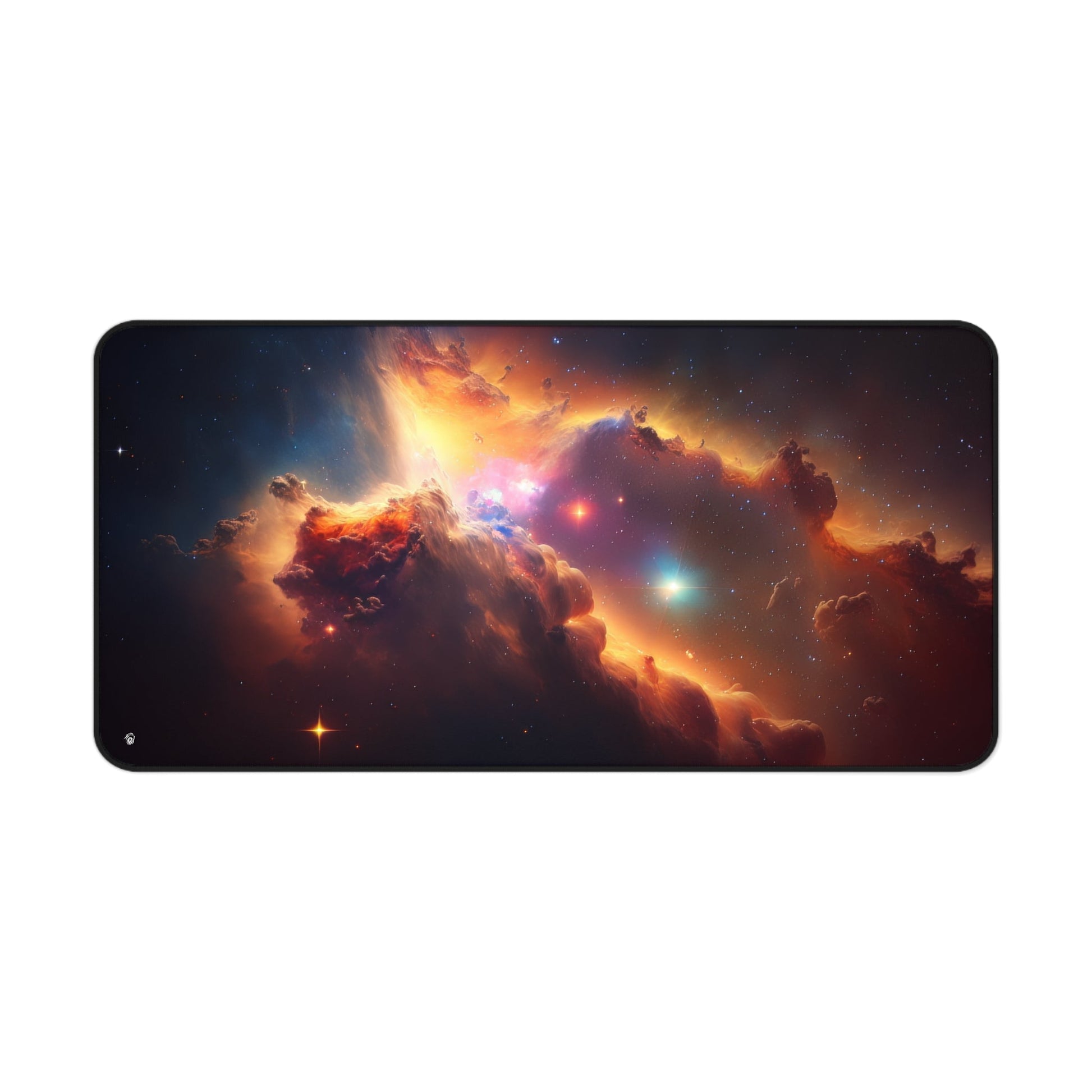 Close-up view of the front of the Vibrant Orange Galactic Print xxl mouse pad