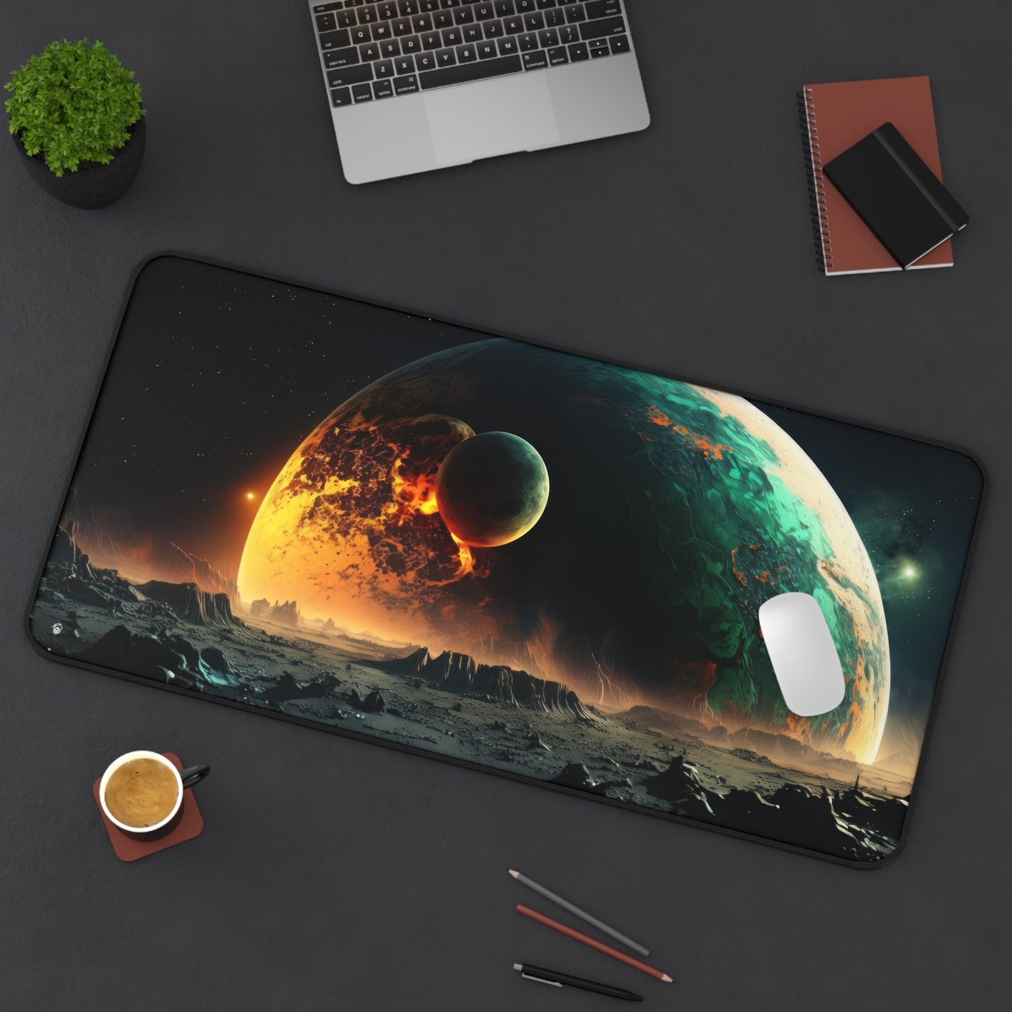 Extraterrestrial Landscape, Lunar Surface xxl mouse pad of size 15 by 31 inches displayed on a desk