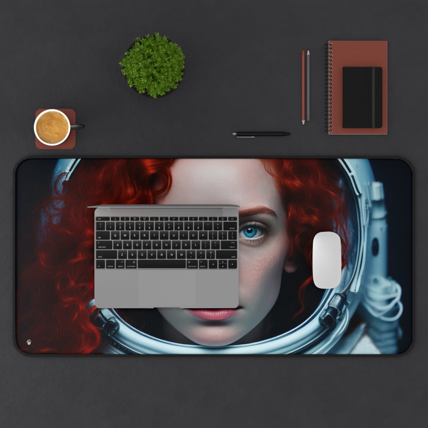 Galactic Woman Astronaut Imagery xxl mouse pad of size 15 by 31 inches displayed on a desk