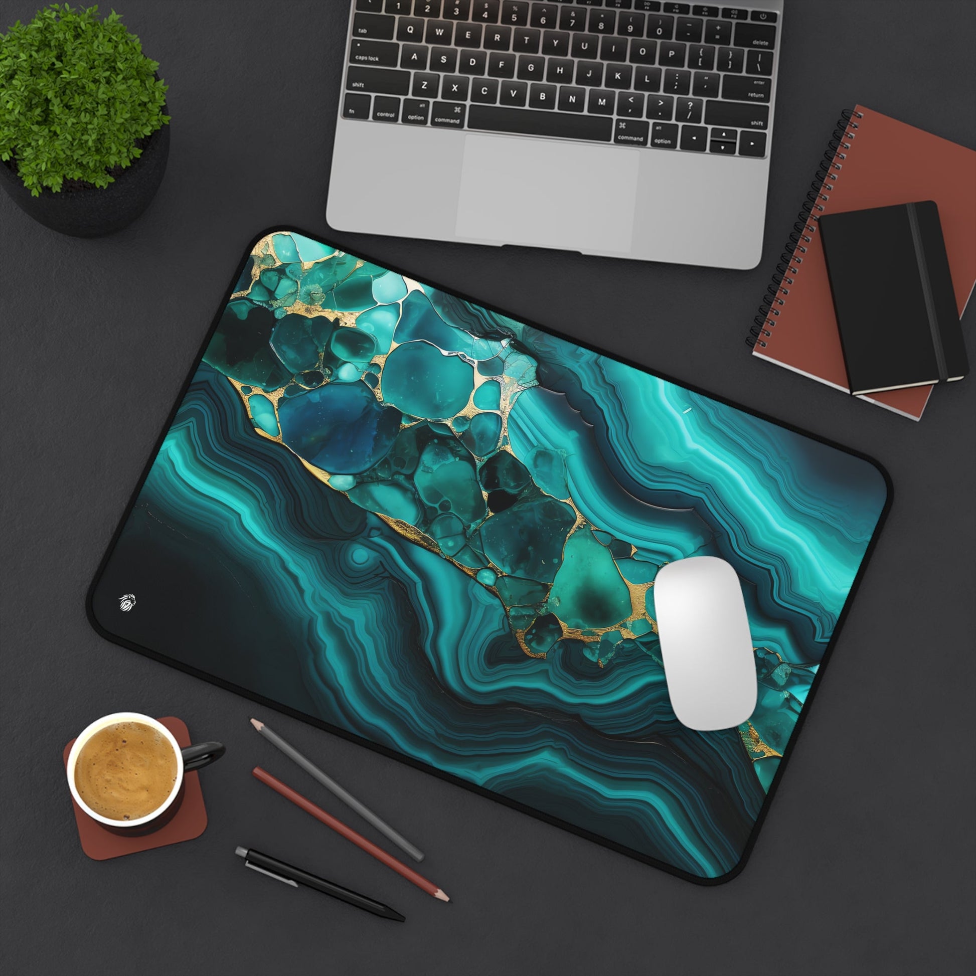 Emerald Tones, Geometric Patterns xxl mouse pad of size 12 by 18 inches displayed on a desk