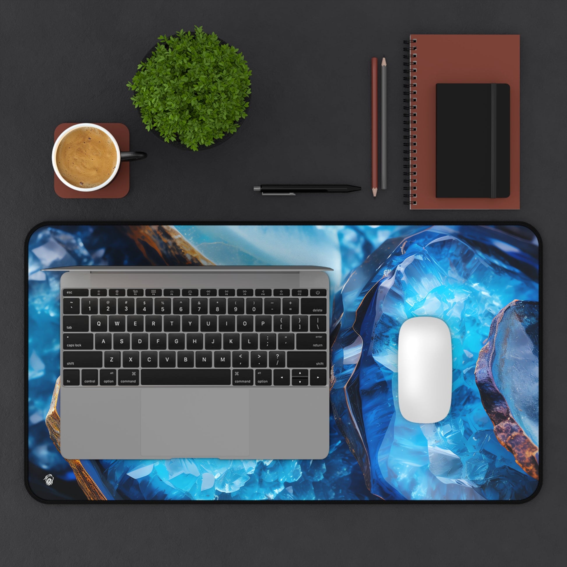 Vibrant Blue Geode Pattern xxl mouse pad of size 12 by 22 inches displayed on a desk