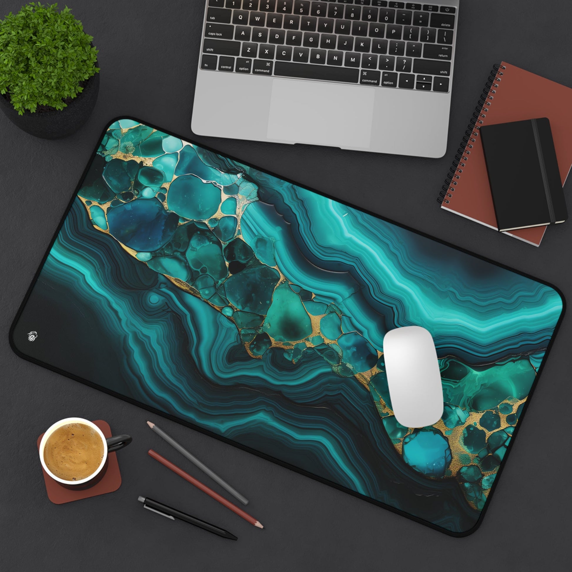 Emerald Tones, Geometric Patterns xxl mouse pad of size 12 by 22 inches displayed on a desk