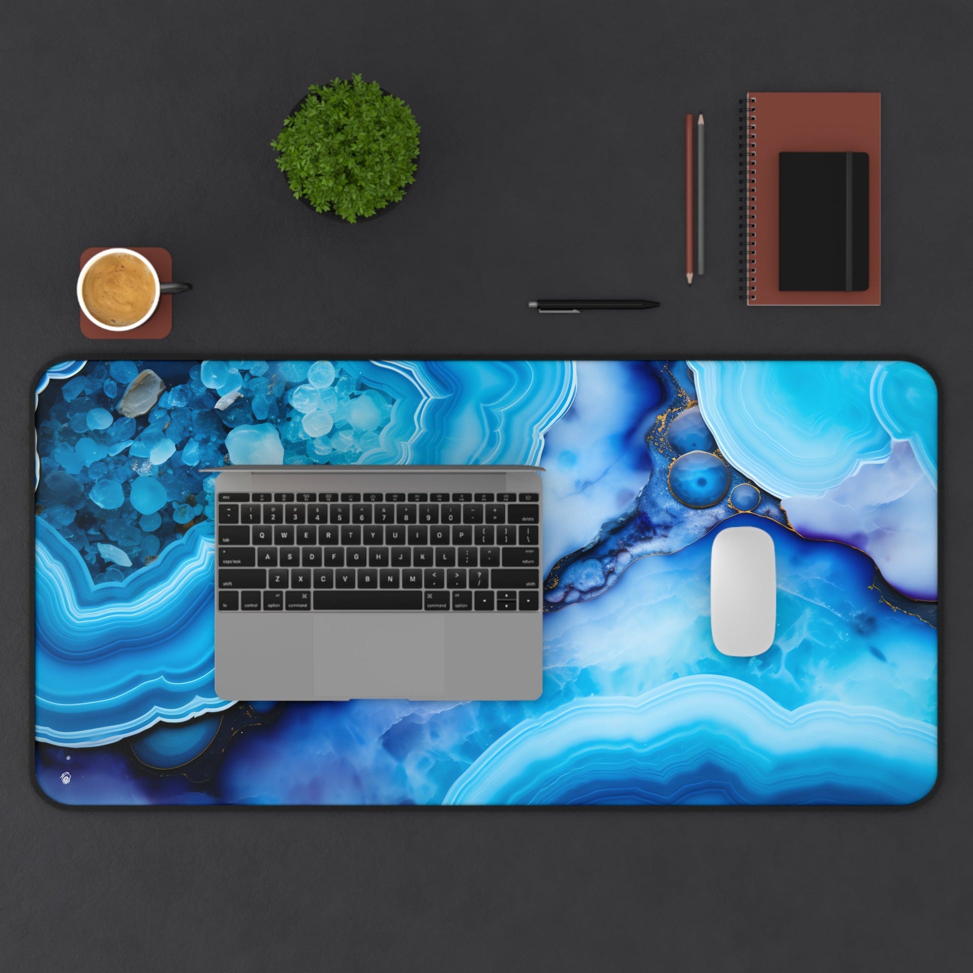 Vibrant Blue Mineral Abstract xxl mouse pad of size 15 by 31 inches displayed on a desk