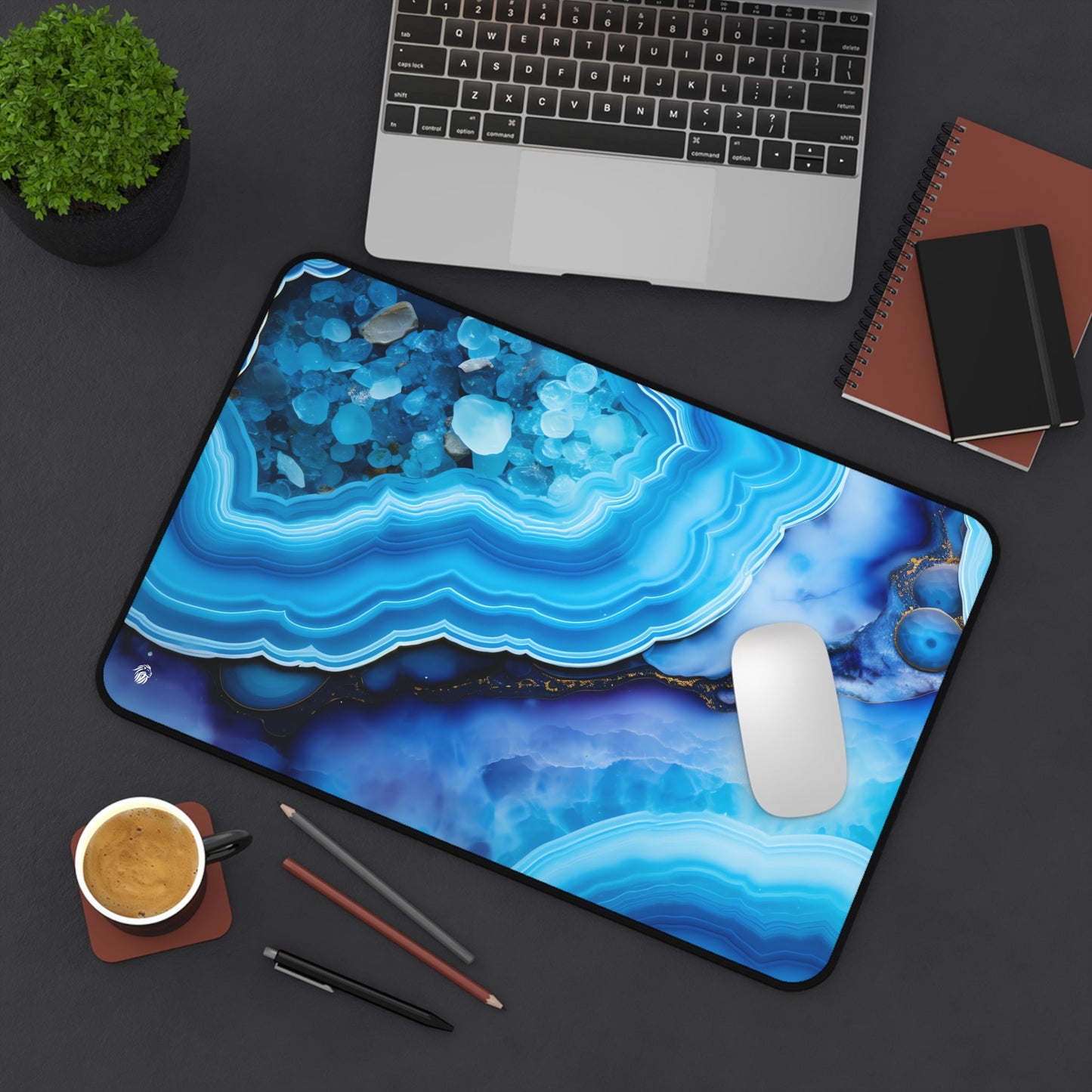 Vibrant Blue Mineral Abstract xxl mouse pad of size 12 by 18 inches displayed on a desk