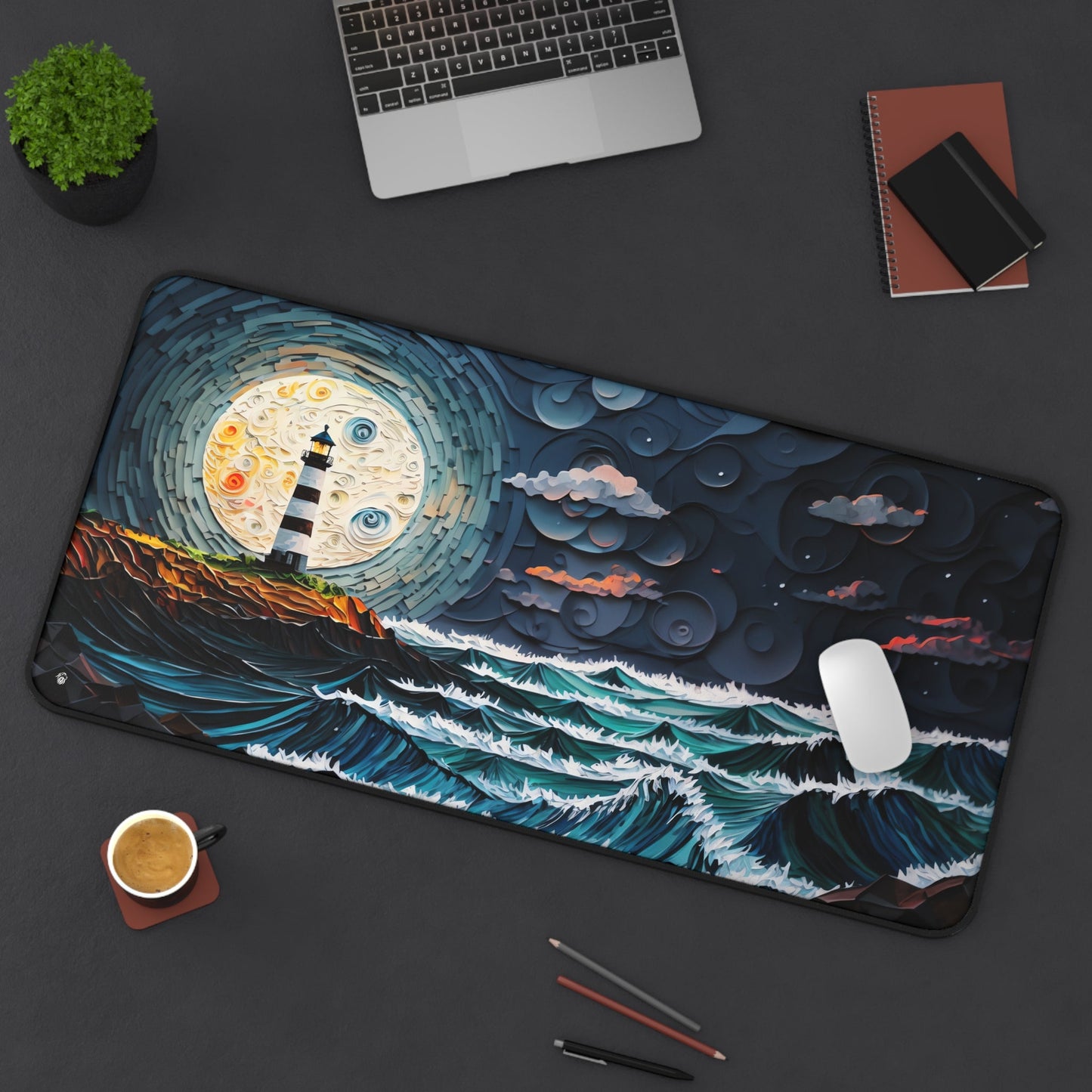 Sunset, Lighthouse, Ocean View xxl mouse pad of size 15 by 31 inches displayed on a desk