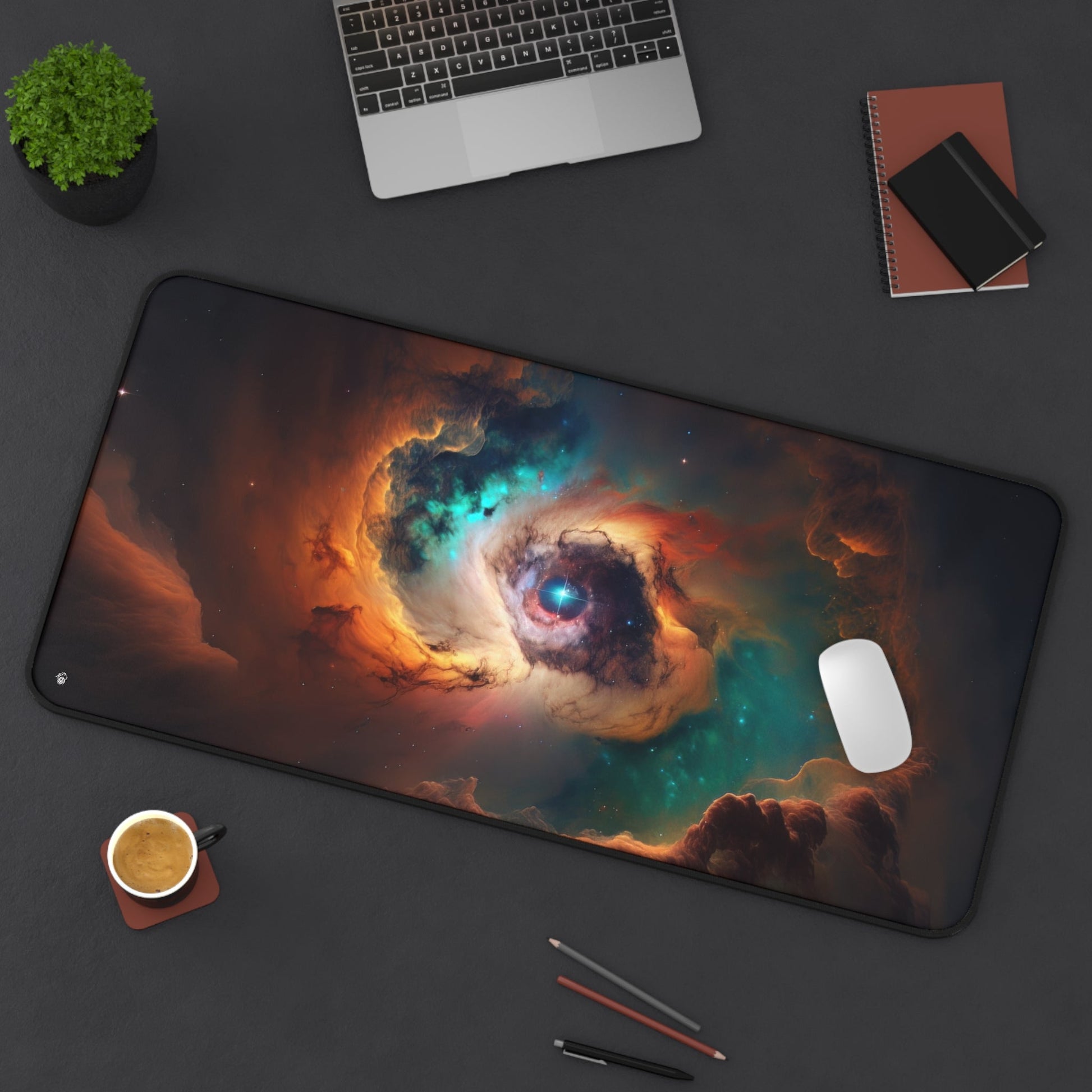 Vivid Galactic Explosion Imagery xxl mouse pad of size 15 by 31 inches displayed on a desk