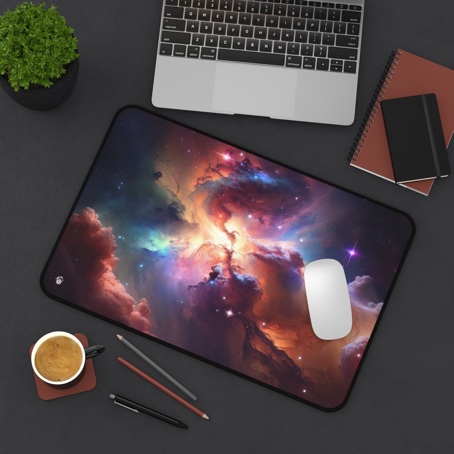 Galactic Nebula Imagery xxl mouse pad of size 12 by 18 inches displayed on a desk