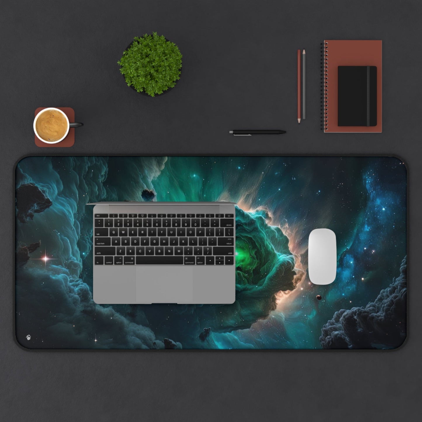 Starry Sky, Nebula Motif xxl mouse pad of size 15 by 31 inches displayed on a desk